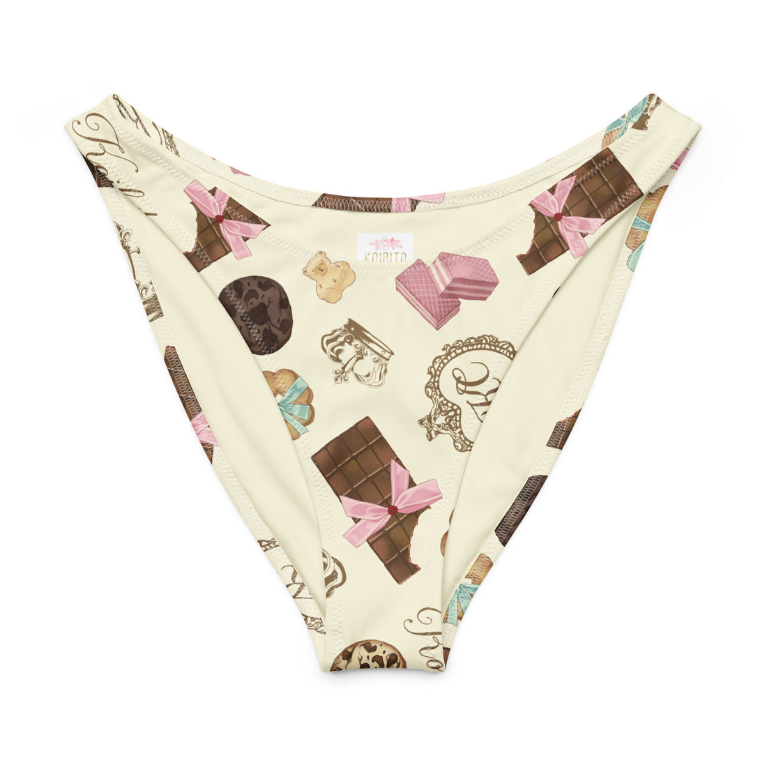 Royal V-cut bikini bottom with chocolate and dessert print, soft fabric, UPF 50+ sun protection for sunny beach days.
