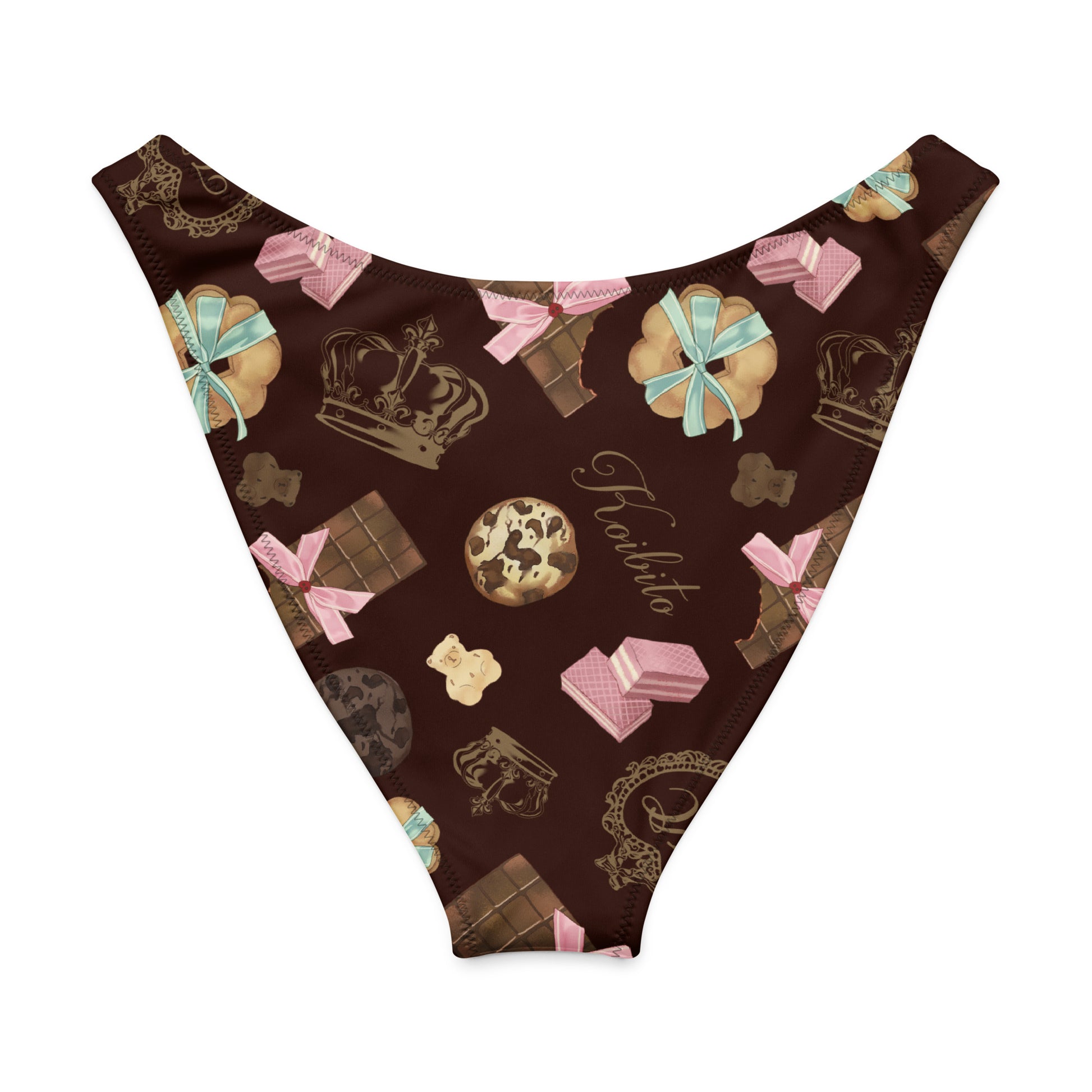 Royal Cookie V-cut Bikini Bottom featuring chocolate and sweet treat patterns with a stylish high-leg design.