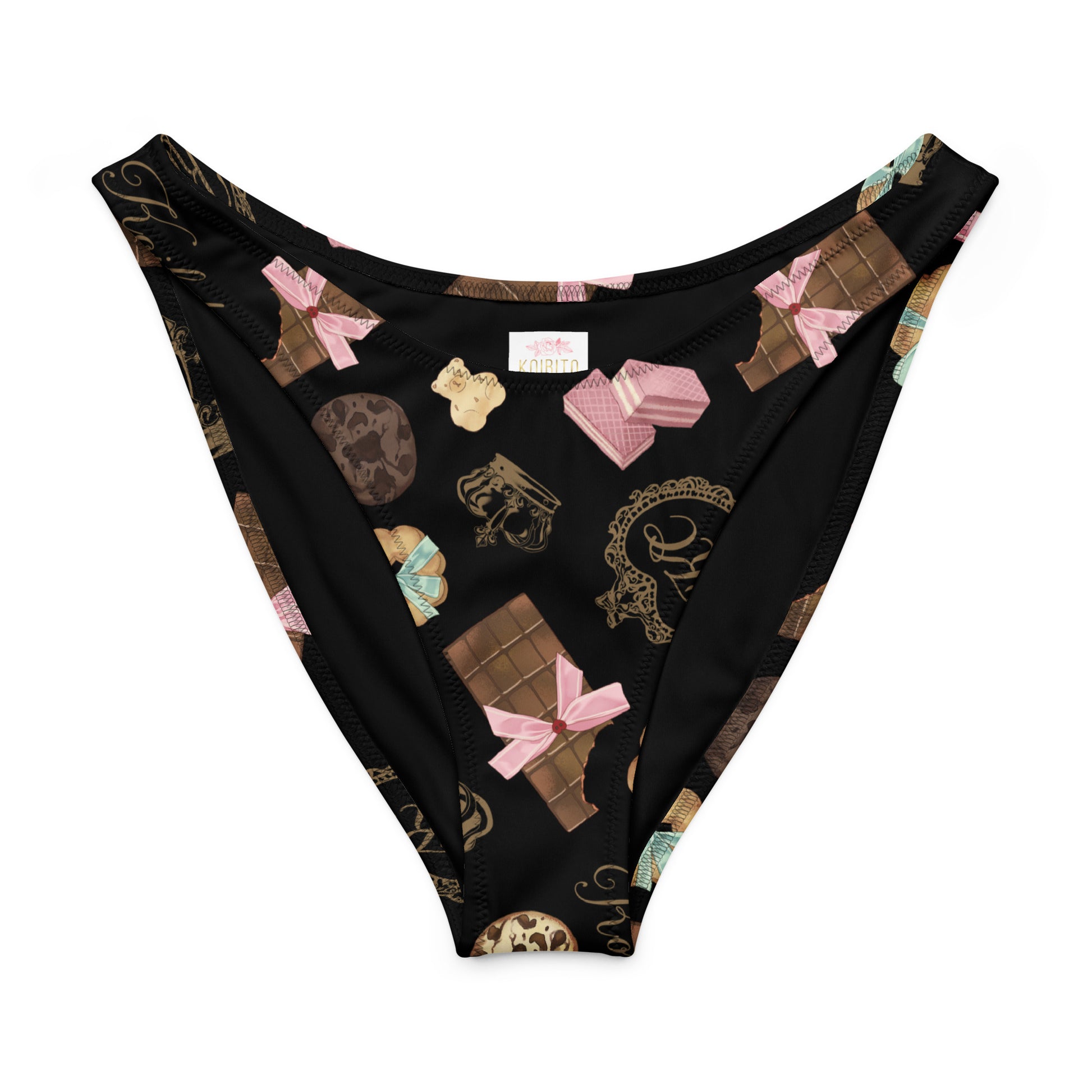 Royal Cookie V-cut bikini bottom with chocolate and gift prints, featuring a stylish high-leg cut and soft fabric.
