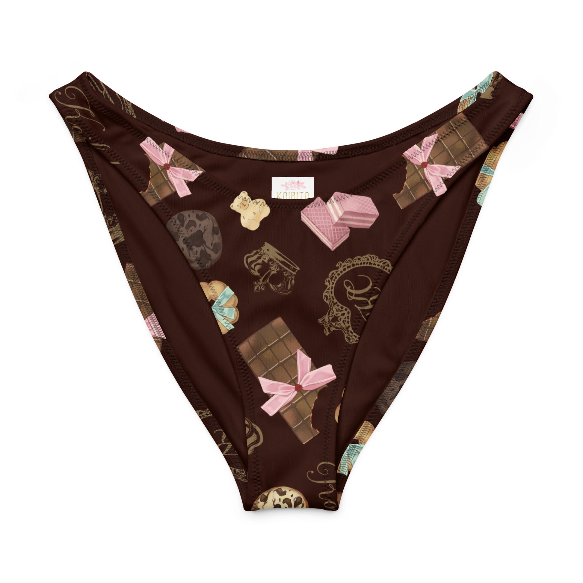 V-cut bikini bottom with fun chocolate and dessert prints, perfect for sunny beach days.