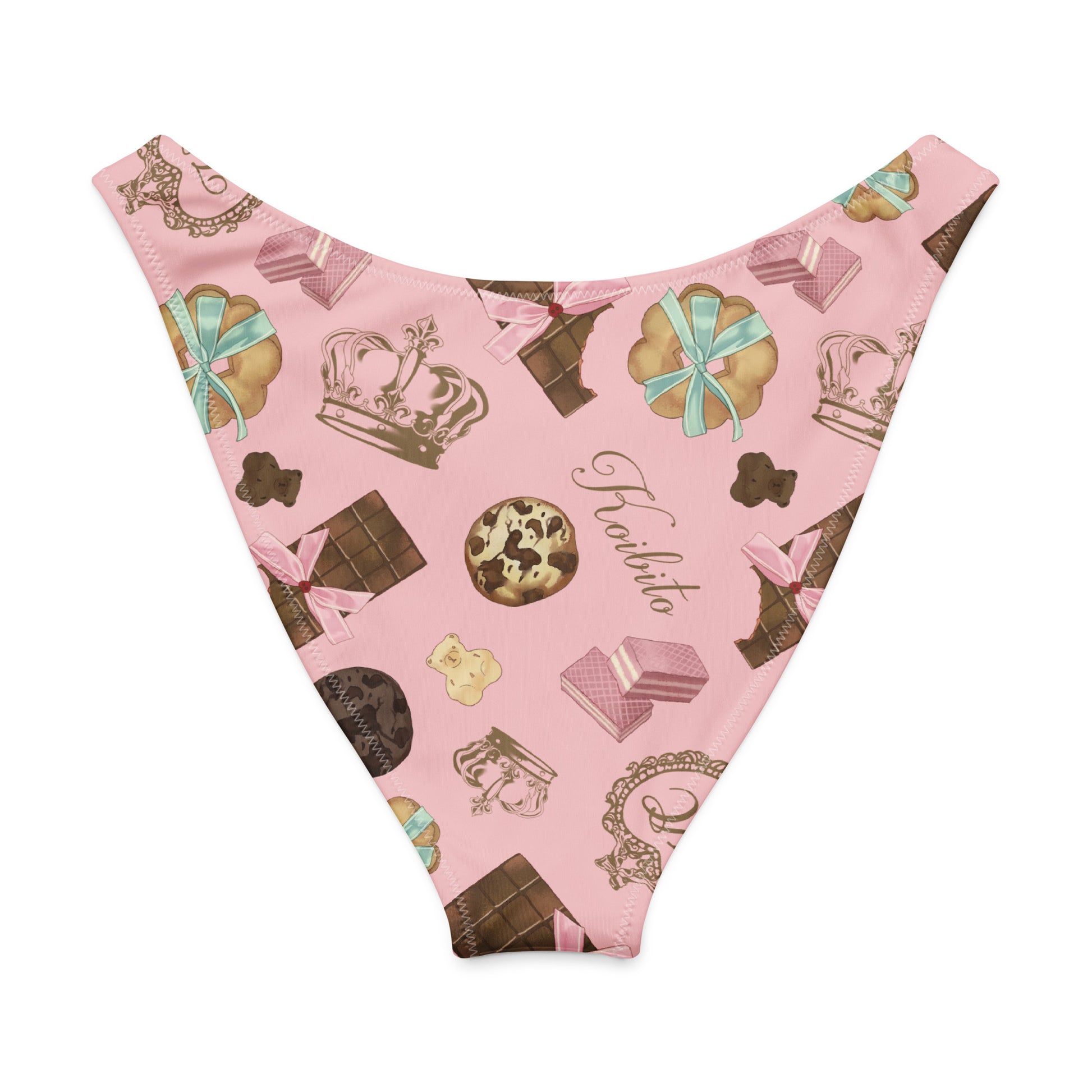Royal Cookie V-cut bikini bottom featuring a playful pink pattern with crowns, chocolates, and cookies.