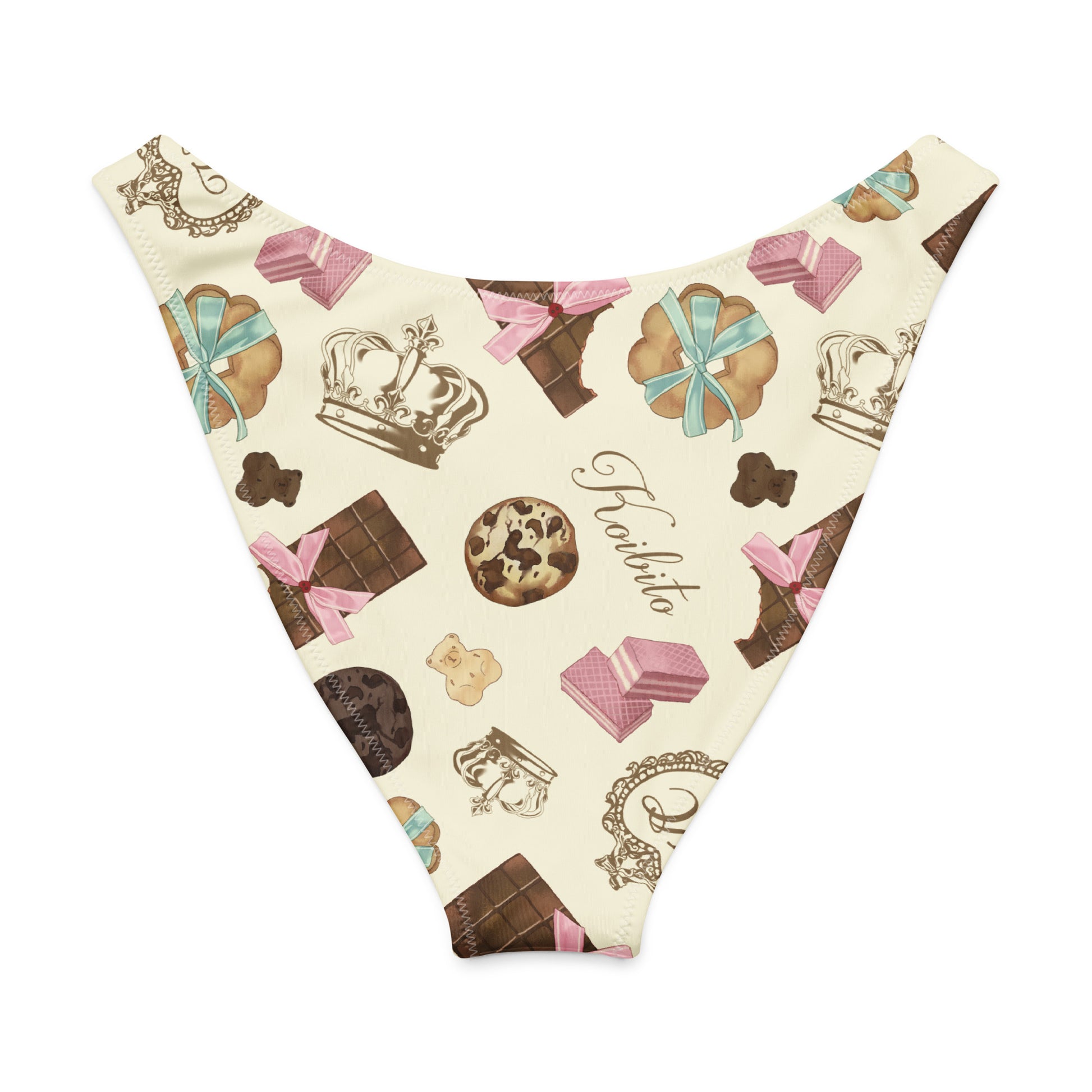 Royal Cookie V-cut bikini bottom featuring a whimsical pattern of chocolates and crowns in soft colors.