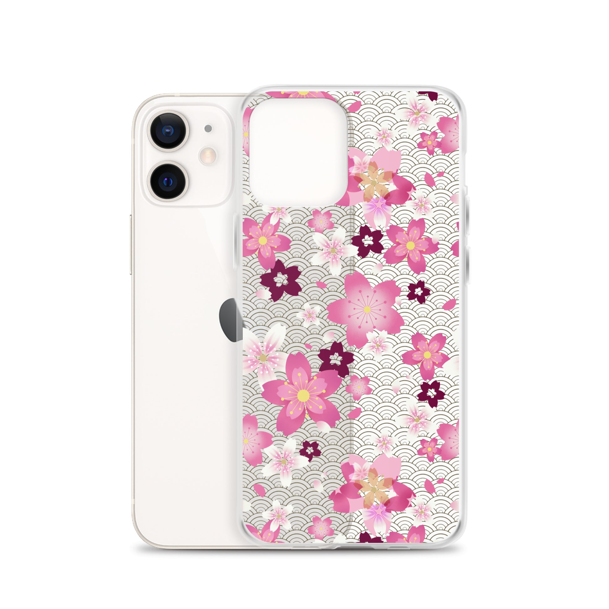 Sakura iPhone® Clear Case featuring a floral design, offering protection against scratches and easy access to ports.