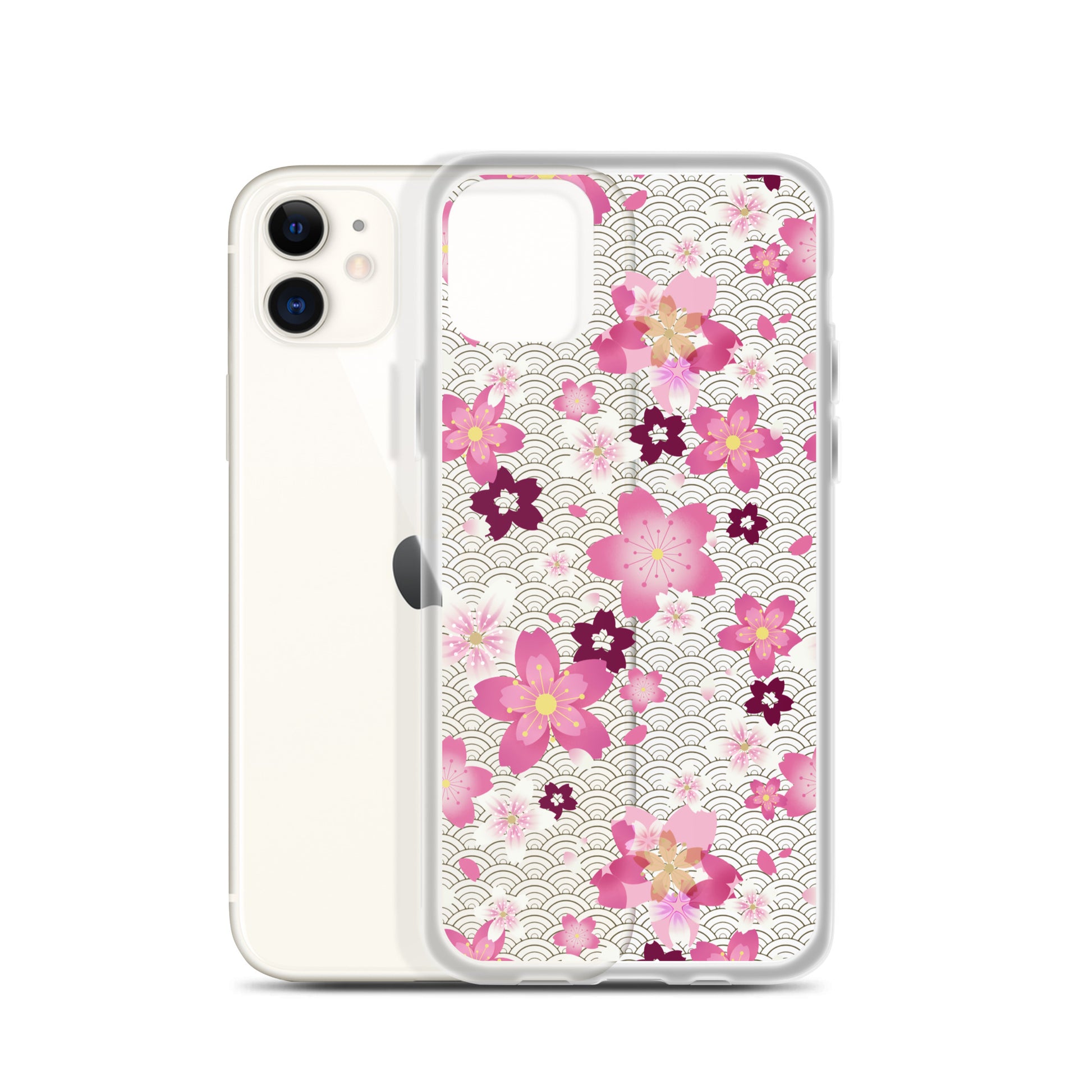 Sakura iPhone® Clear Case featuring a floral design, offering protection from scratches and easy access to ports.