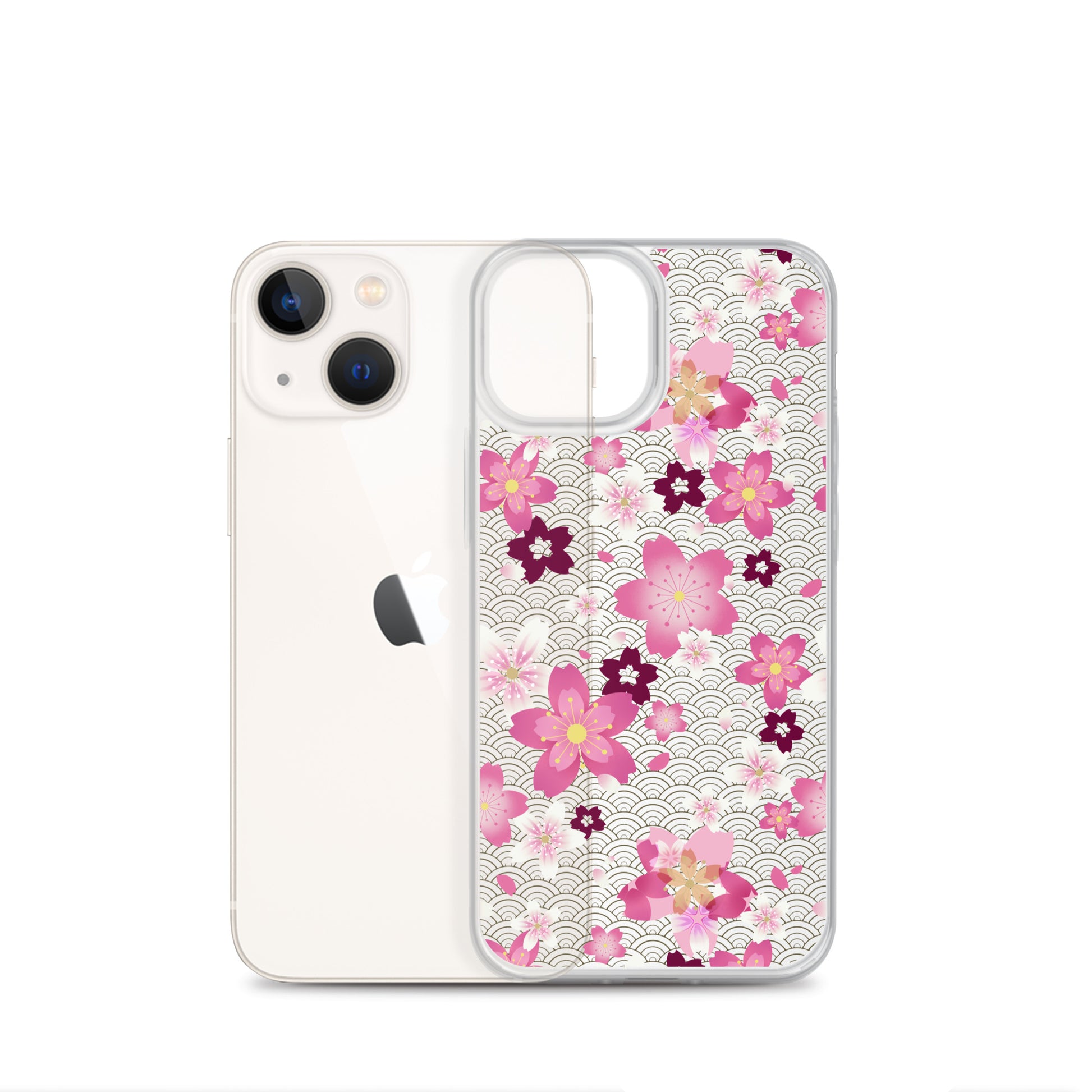Sakura iPhone® Clear Case featuring a floral design, offers protection against scratches and easy access to ports.