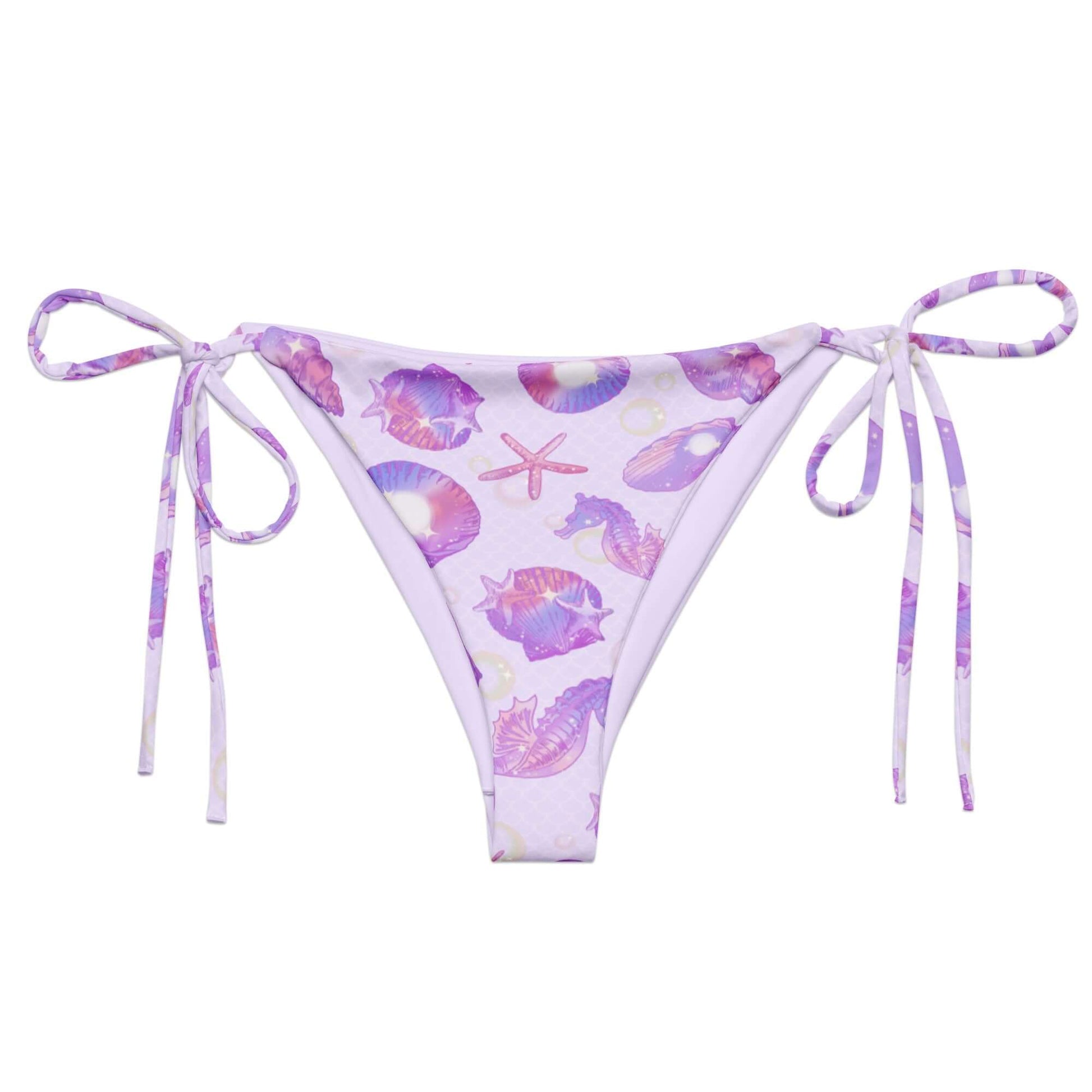 Relax by the pool in the stylish Sea Princess String Bikini Bottom, featuring a vibrant seashell print and adjustable straps.