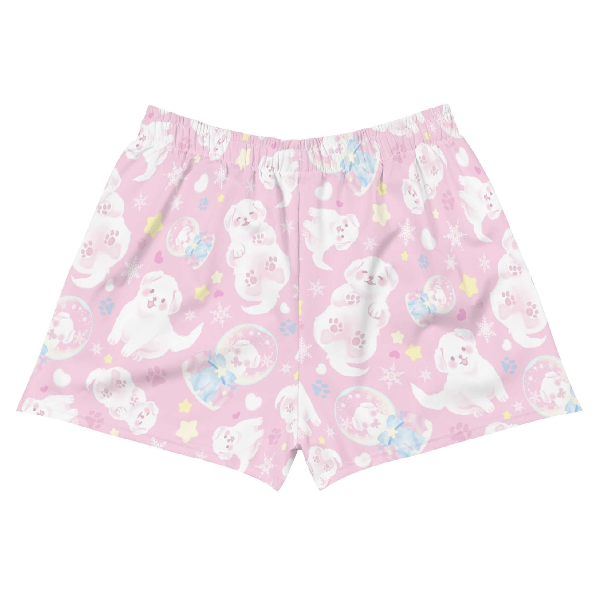 Cute and comfy Snow Puppy Athletic Short Shorts with fun puppy print and pockets, perfect for any casual outing.