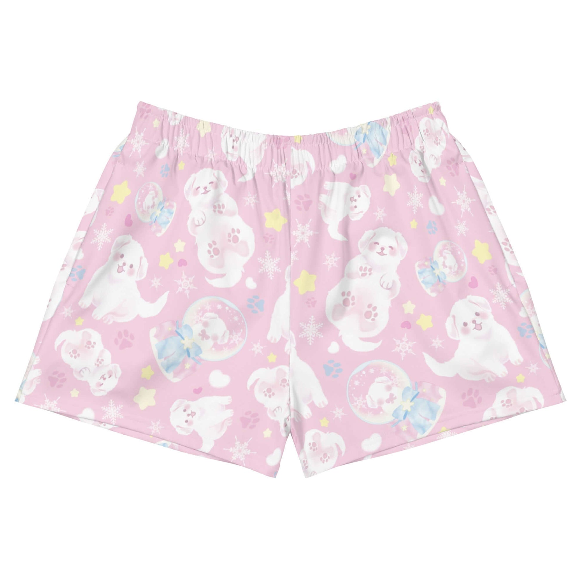 Cute Snow Puppy Athletic Short Shorts in pink, featuring playful puppy graphics and comfy pockets for everyday wear.