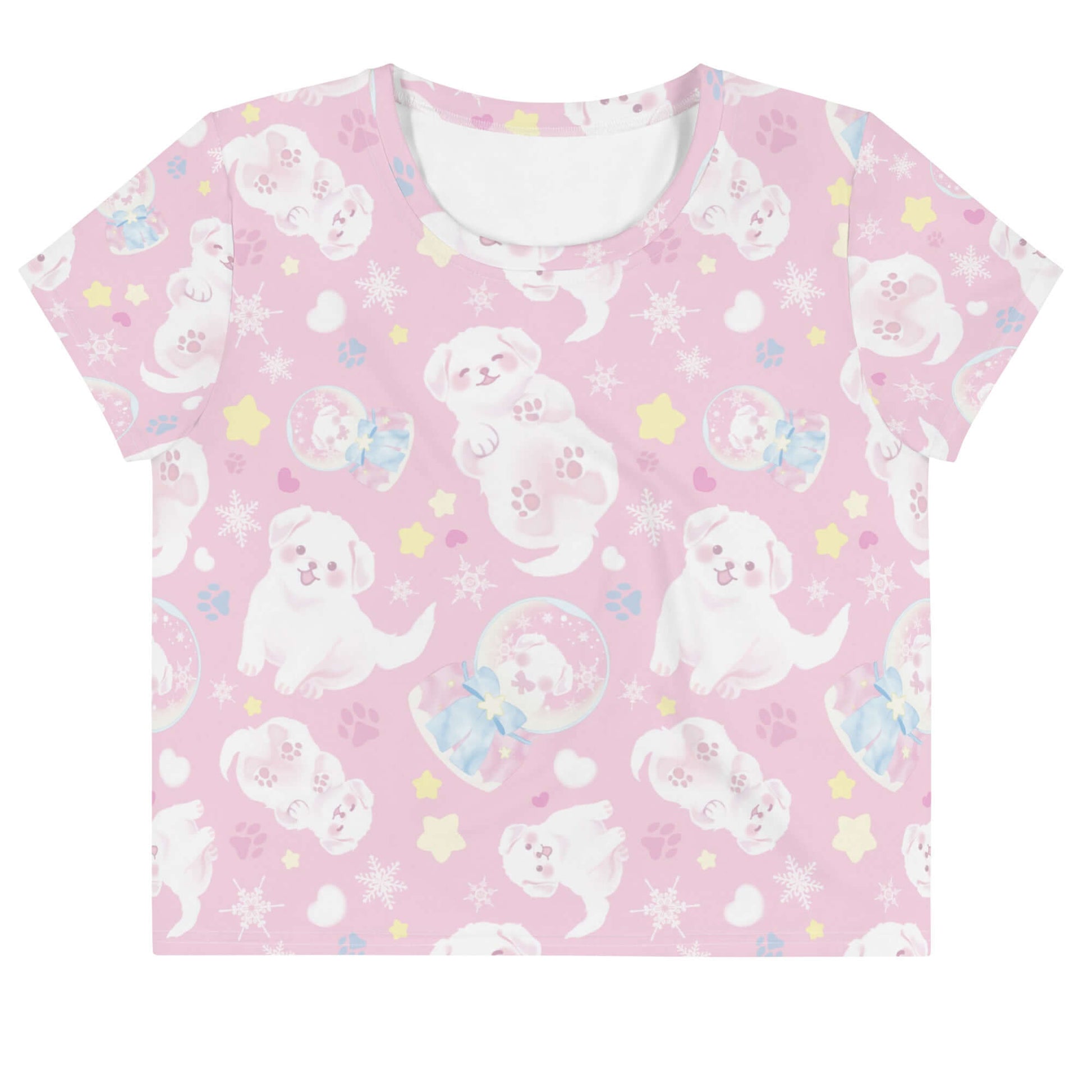 Cute and feminine Snow Puppy Crop Top featuring playful puppy designs, perfect for casual outings or workouts.