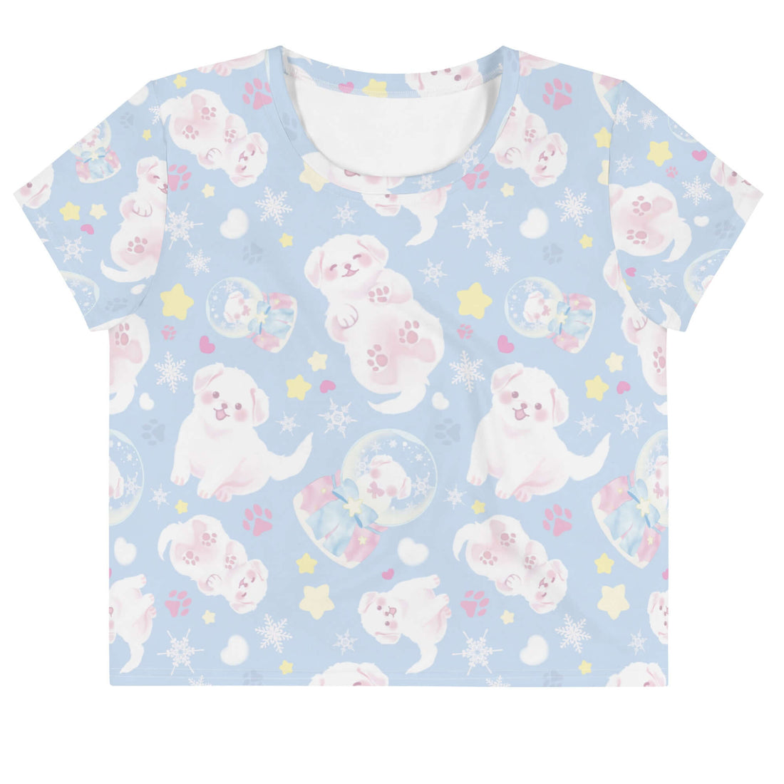Cute Snow Puppy Crop Top featuring playful puppy prints, perfect for casual wear or the gym. Sweet and feminine style!