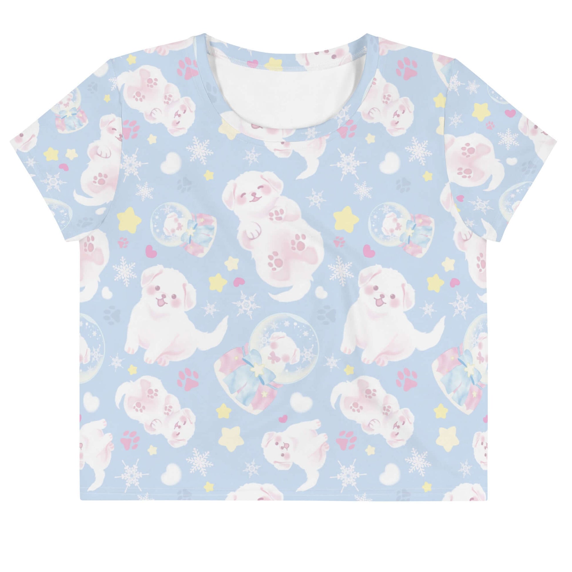 Cute Snow Puppy Crop Top featuring playful puppy prints, perfect for casual wear or the gym. Sweet and feminine style!
