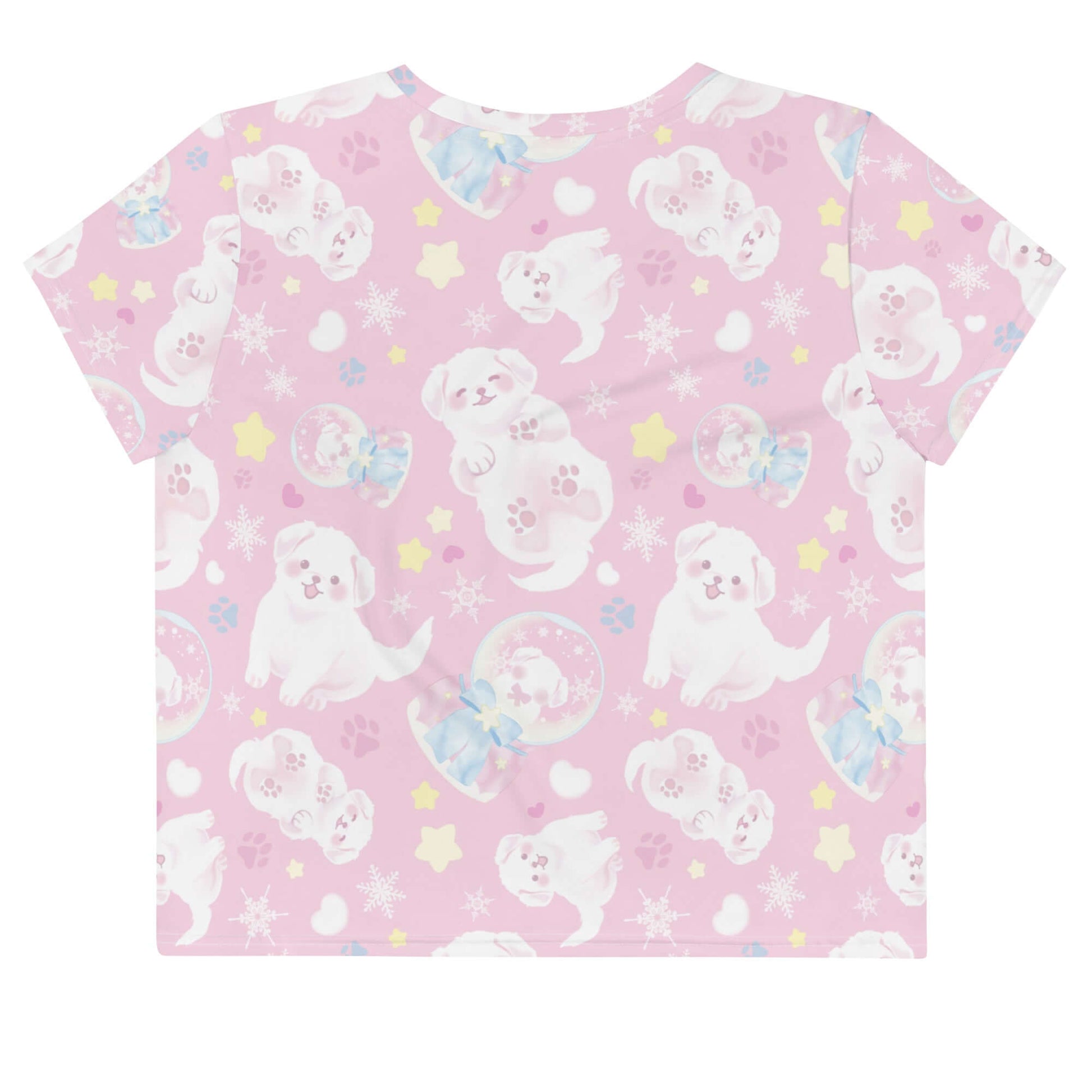 Snow Puppy Crop Top features a cute pink design with playful puppies, perfect for casual outings or workouts.