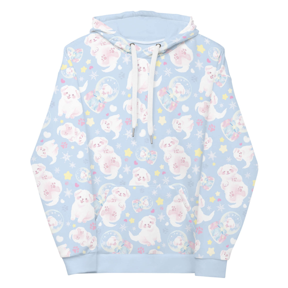Cozy Snow Puppy Hoodie featuring adorable puppies on a pastel blue background, perfect for a cute, comfy outfit.