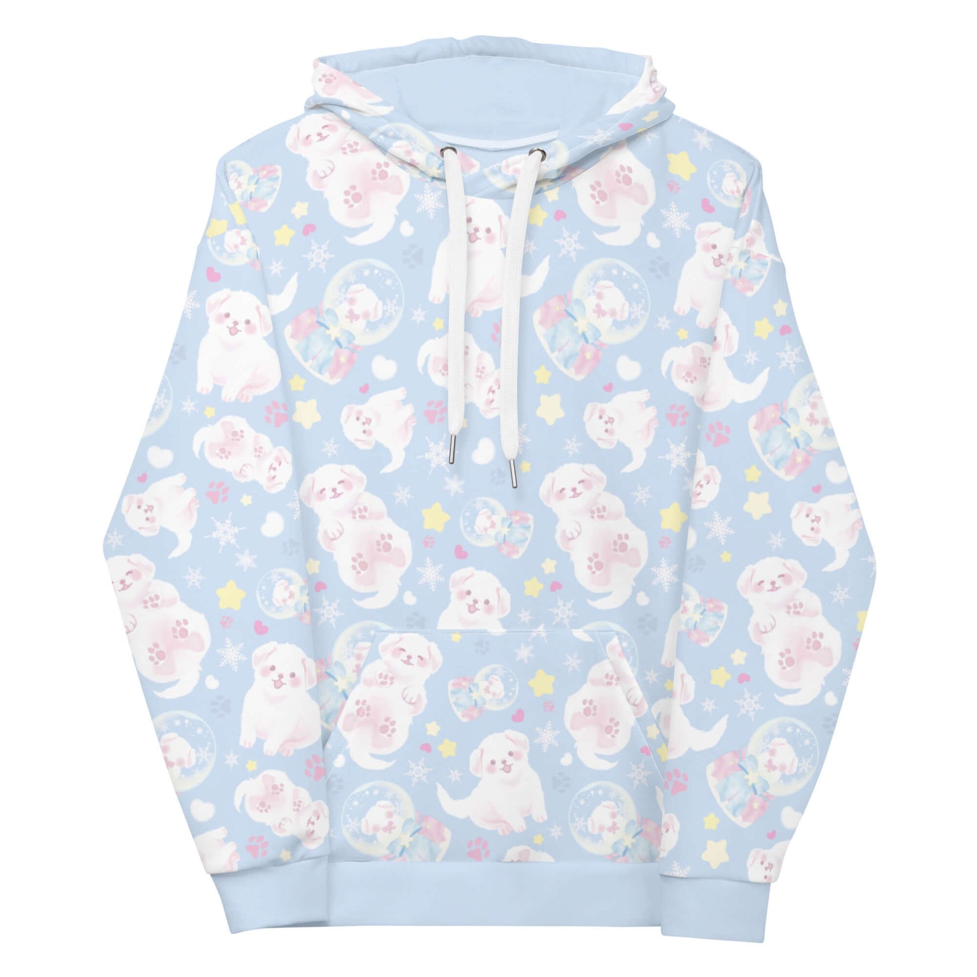 Cozy Snow Puppy Hoodie featuring adorable puppies on a pastel blue background, perfect for a cute, comfy outfit.