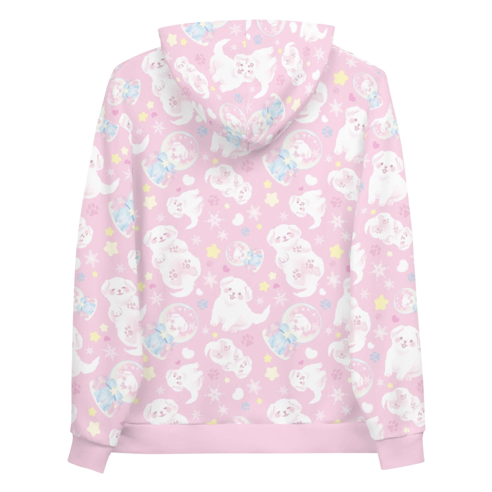 Cozy Snow Puppy Hoodie in pastel pink, featuring adorable puppies and vibrant prints for a fun fashion statement.