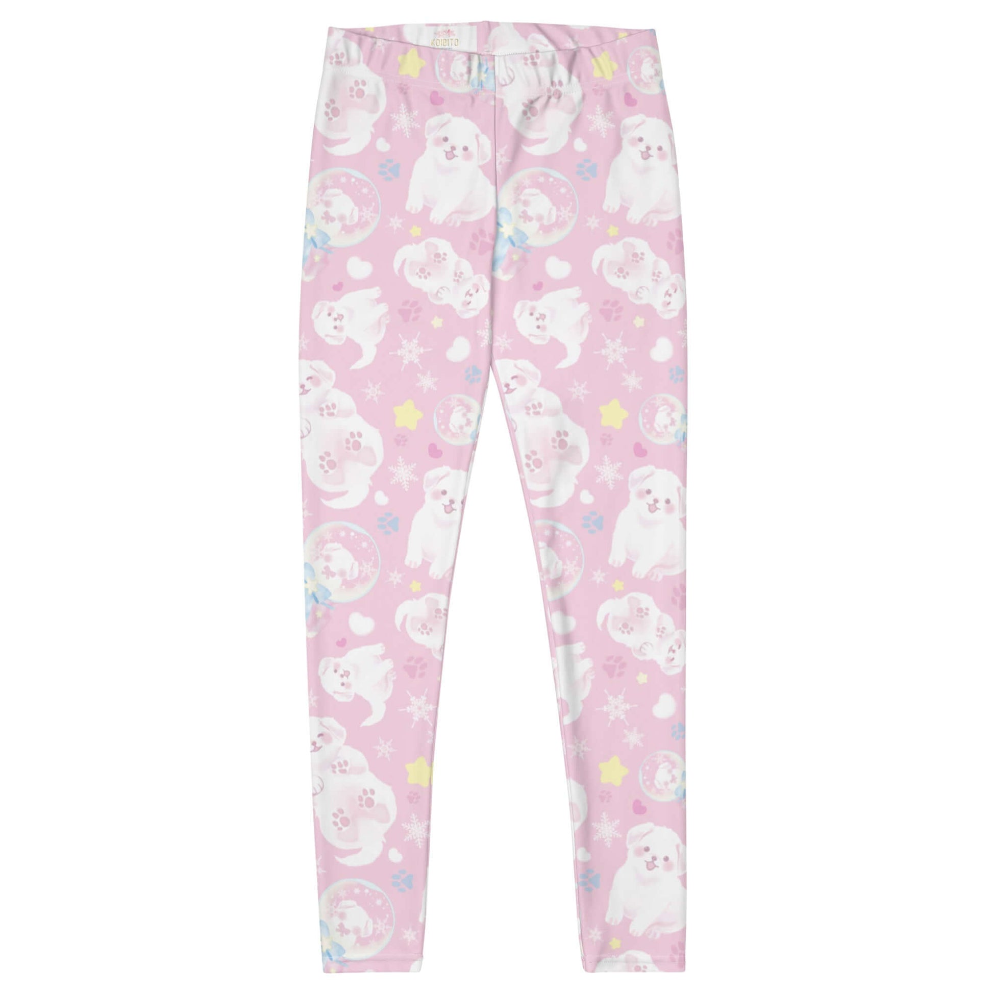 Snow Puppy Leggings showcase fluffy puppies on a soft pink background, perfect for lounging or workouts.