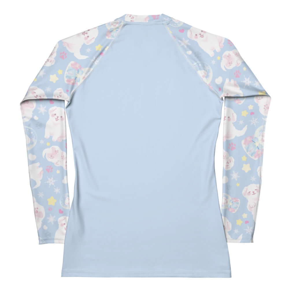 Stylish Snow Puppy Rash Guard with playful puppy print, perfect for active days in the sun and wind.