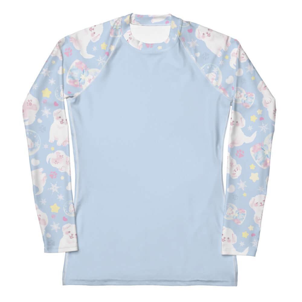 Snow Puppy Rash Guard features a playful design, perfect for active days in the sun and wind protection.