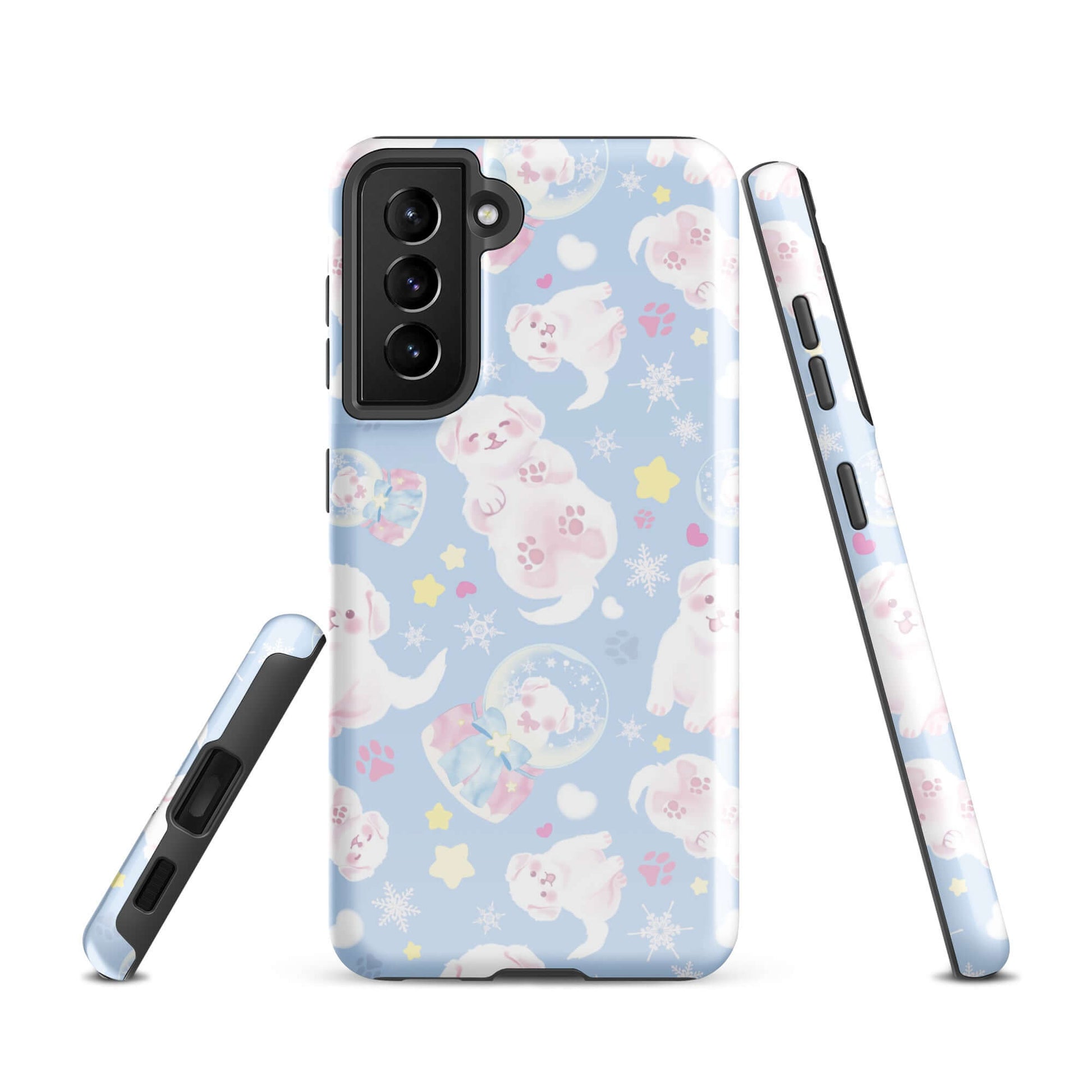 Snow Puppy Samsung® Tough Case featuring adorable puppies and a blue background, perfect for durable phone protection.