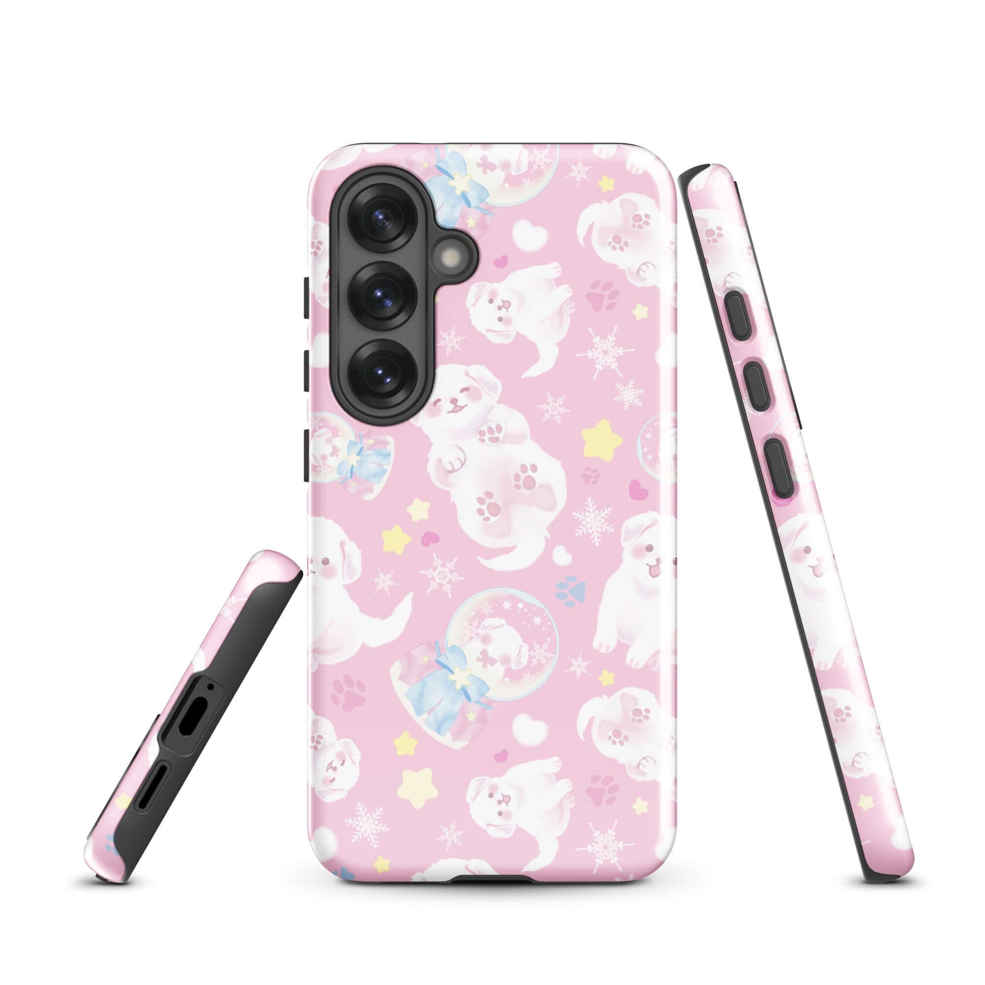 Snow Puppy Samsung® Tough Case features adorable pups on a pink background, offering stylish protection for your phone.