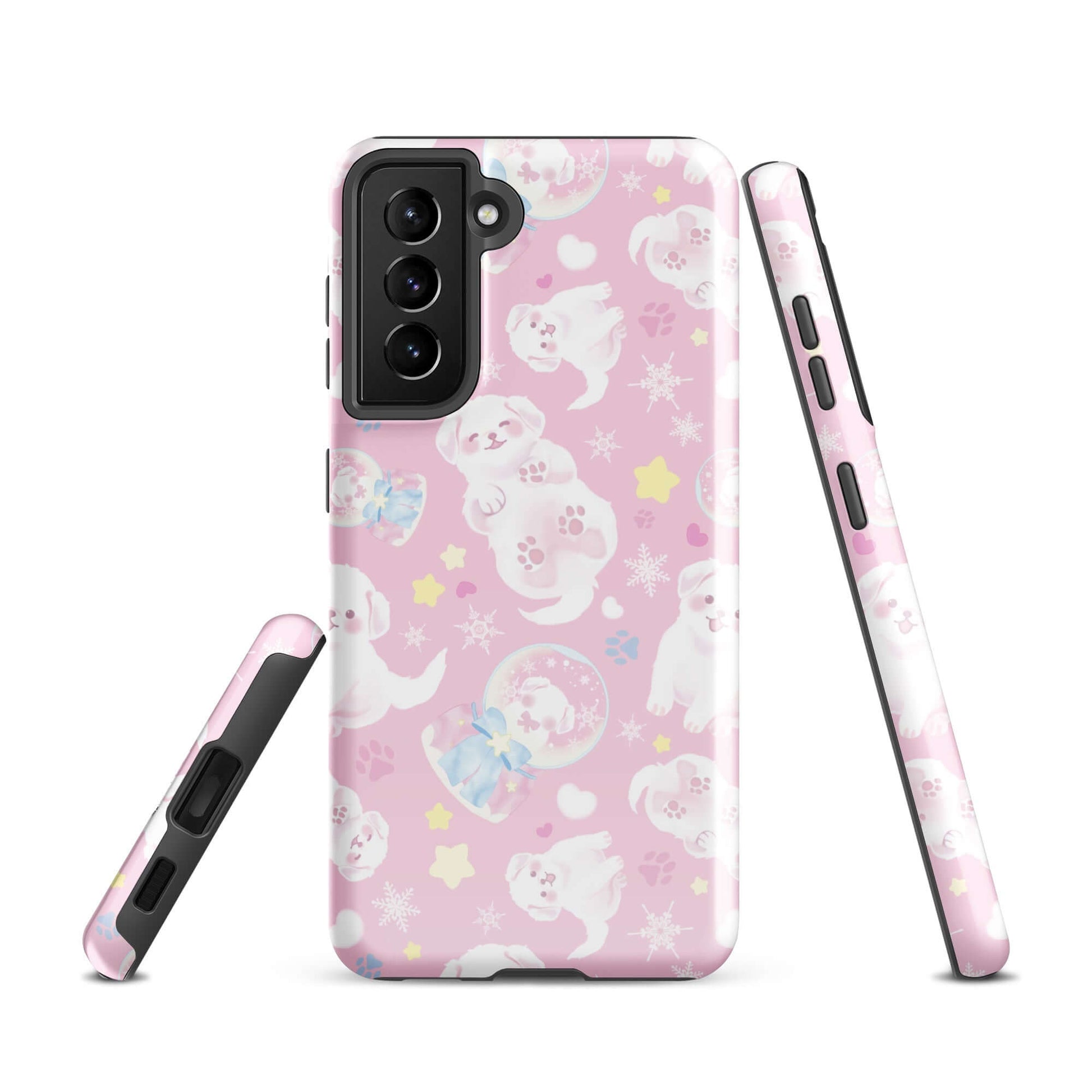 Snow Puppy Samsung® Tough Case features a playful design with adorable puppies on a pink background for stylish protection.