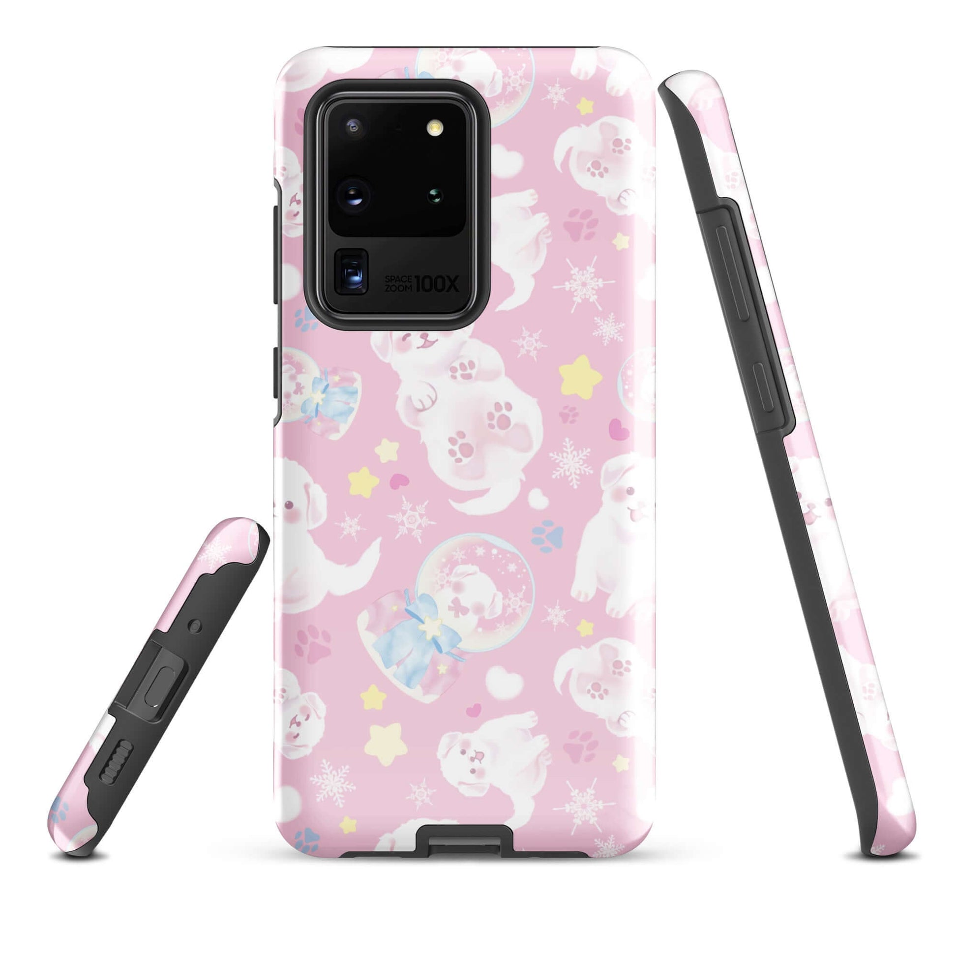 Protect your phone in style with the Snow Puppy Samsung® Tough Case, featuring playful puppy designs on a pink background.