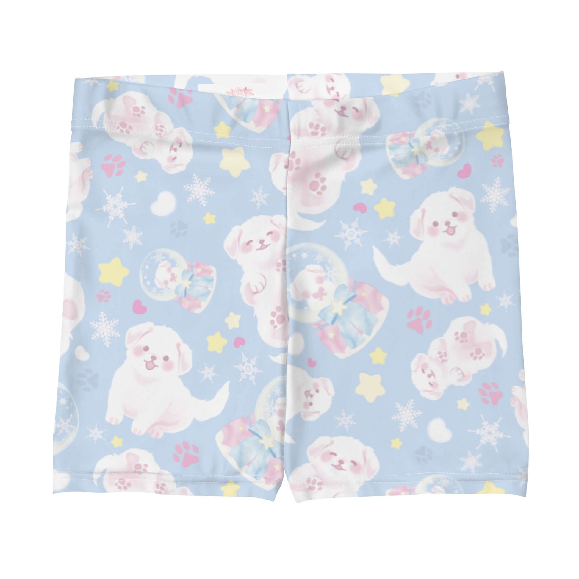 Fluffy Snow Puppy Shorts featuring cute puppies and snowflakes, perfect for a fun workout or casual wear.