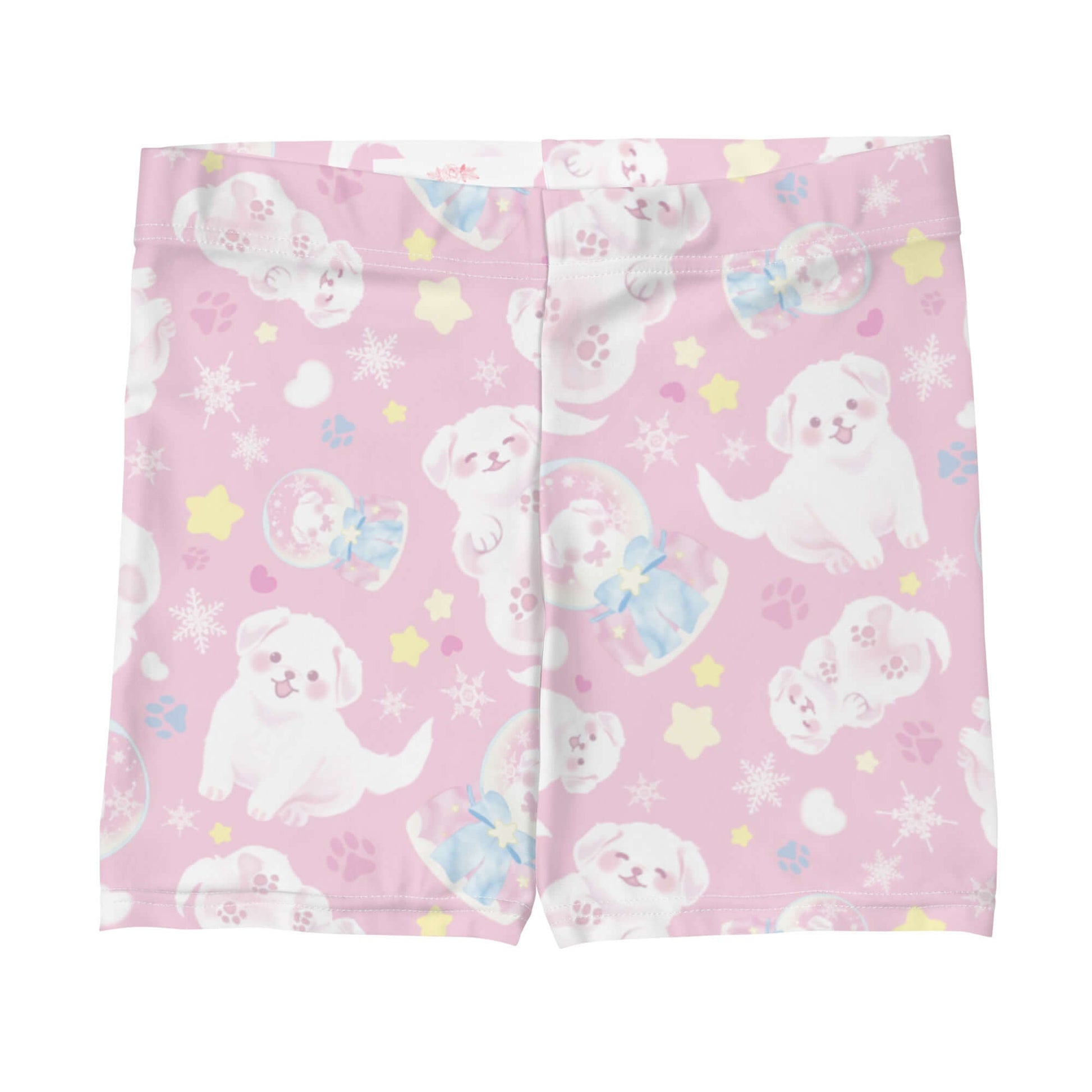 Soft pink Snow Puppy Shorts featuring playful puppy prints, perfect for comfy workouts or lounging in style.