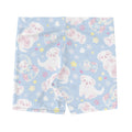 Cute Snow Puppy Shorts featuring fluffy puppies on a blue background, perfect for workouts and kawaii outfits.