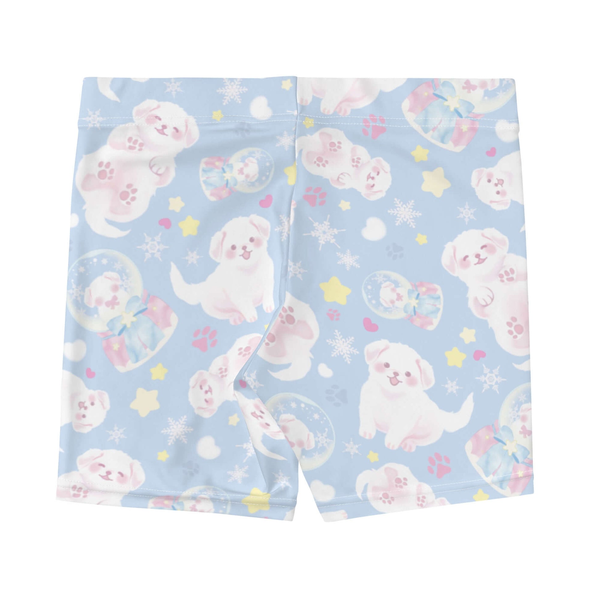 Cute Snow Puppy Shorts featuring fluffy puppies on a blue background, perfect for workouts and kawaii outfits.