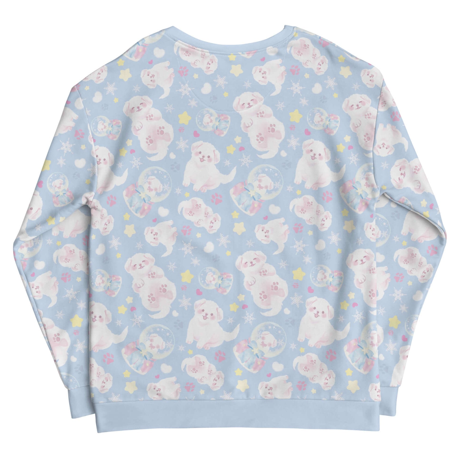 Cozy Snow Puppy Sweatshirt featuring adorable pups on a soft, pastel background, perfect for winter outfits.