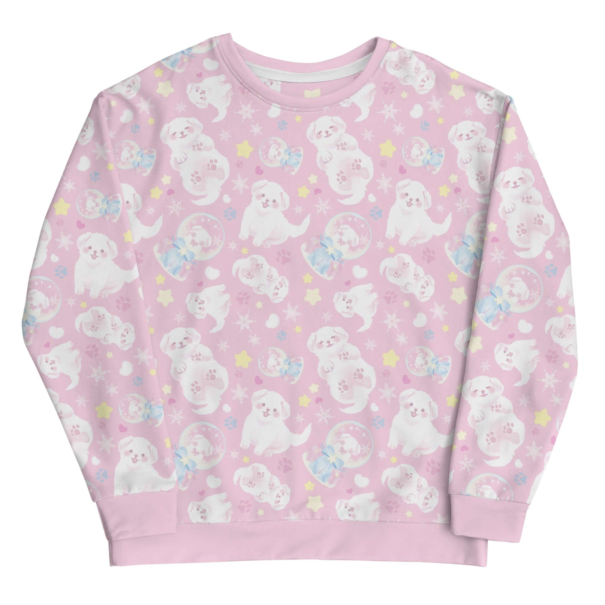 Cozy Snow Puppy Sweatshirt featuring adorable pups on a pastel pink background, perfect for stylish winter wear.
