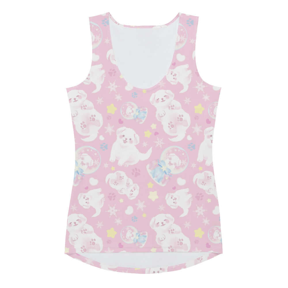 Cute and playful Snow Puppy Tank Top featuring adorable fluffy puppies, perfect for a stylish workout.