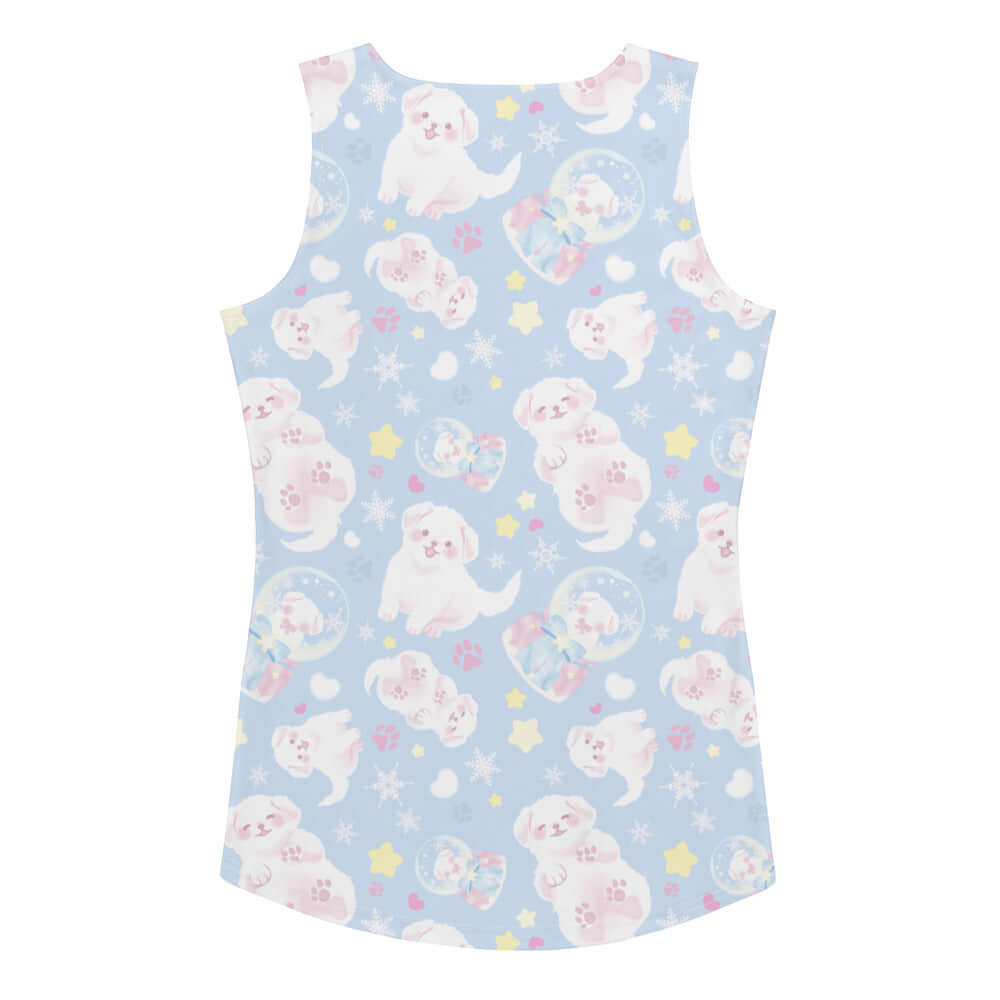 Snow Puppy Tank Top featuring a playful design with fluffy puppies, perfect for stylish workouts. Order one size down!