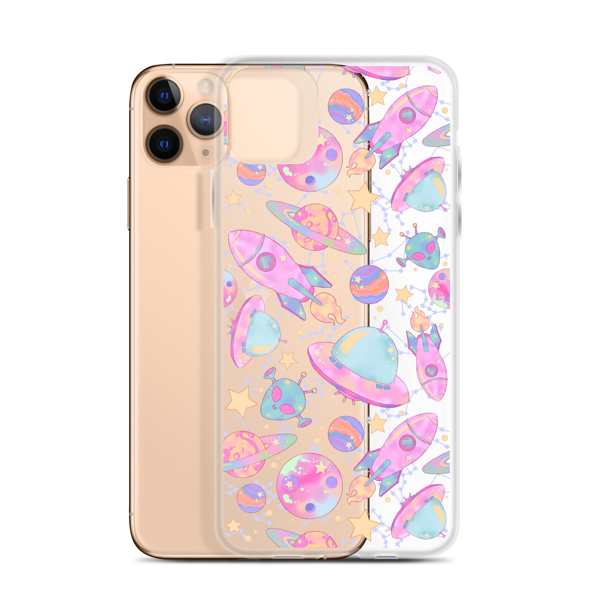 Space iPhone® Clear Case featuring a vibrant space print, protecting your phone with style and durability.