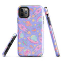 Colorful Space iPhone® Tough Case featuring playful planets and rockets, perfect for stylish device protection.