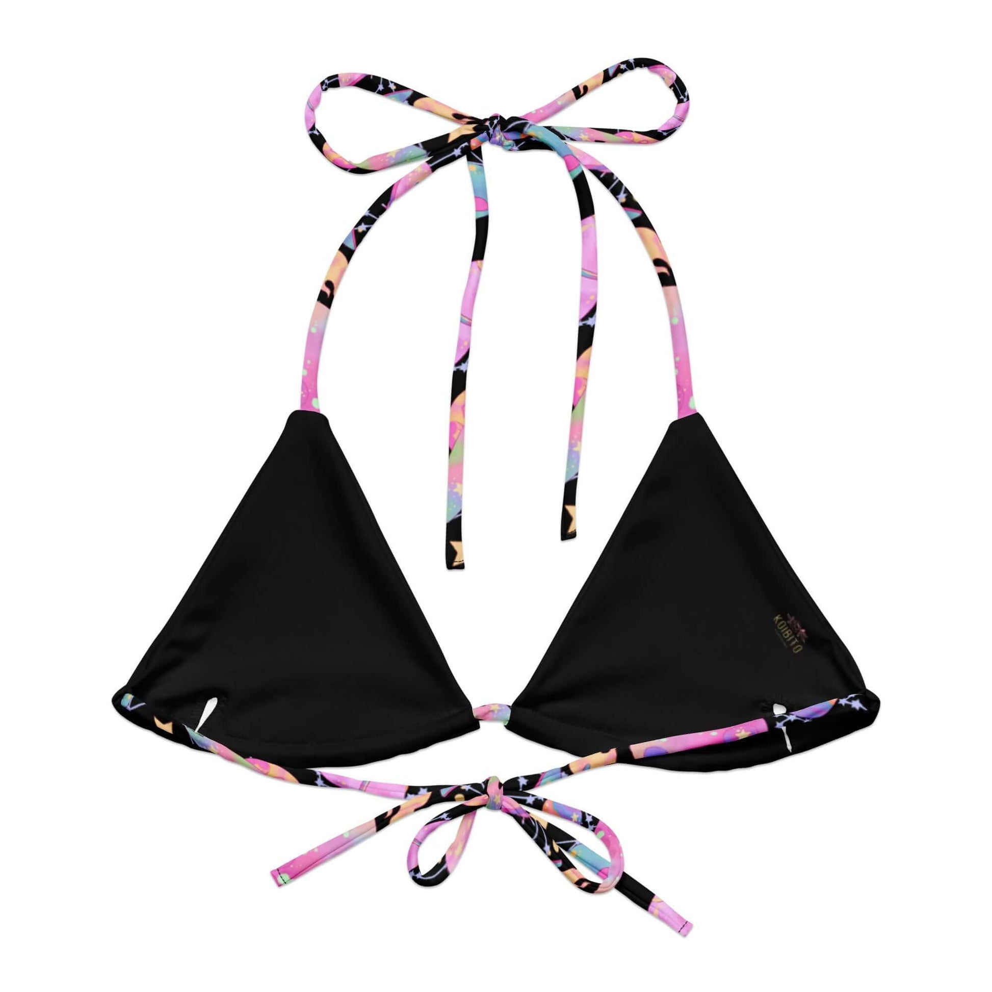 Stylish Space Padded String Bikini Top in black with colorful straps, perfect for summer and eco-friendly fun.