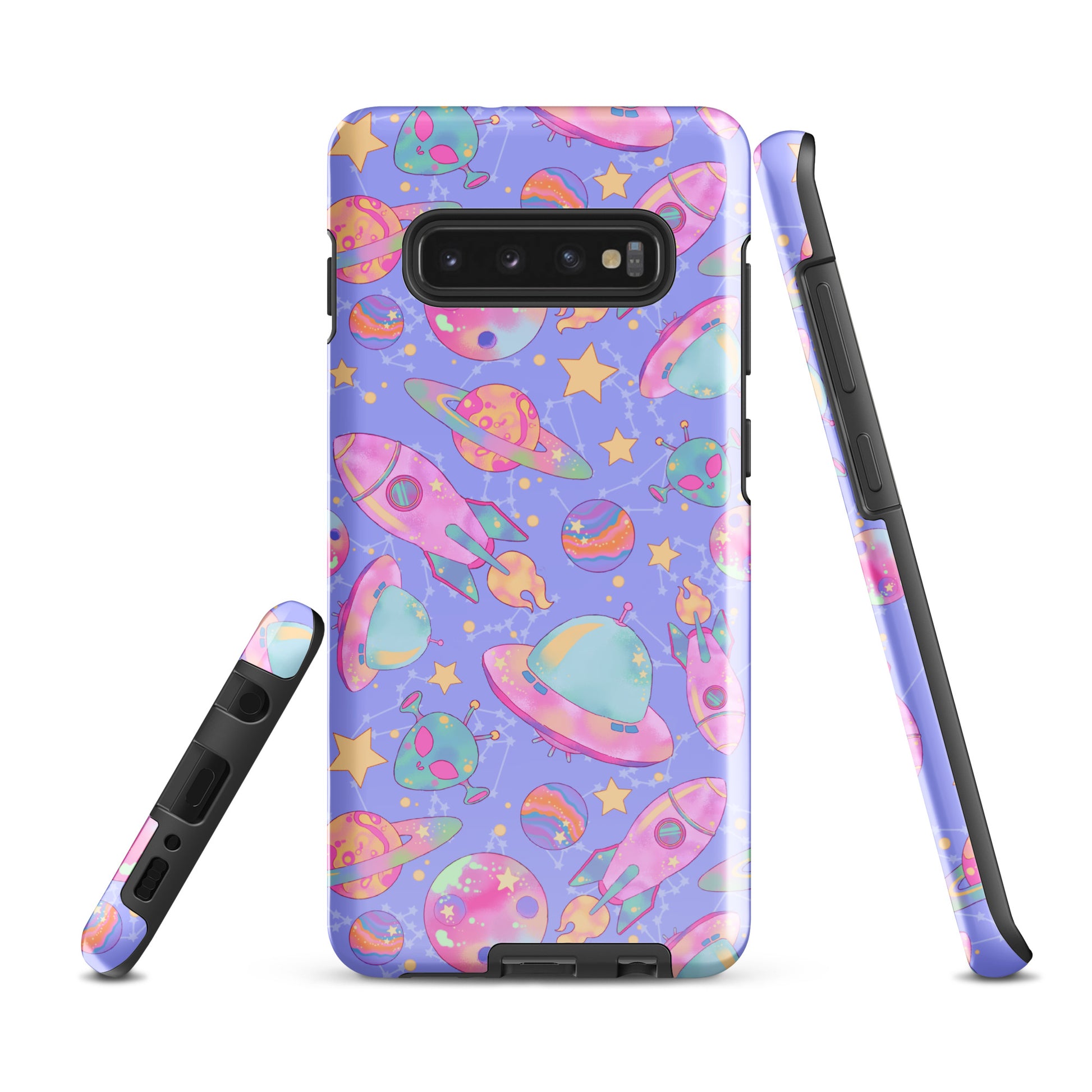 Colorful Space Samsung® Tough Case featuring vibrant planets and rockets, perfect for stylish device protection.