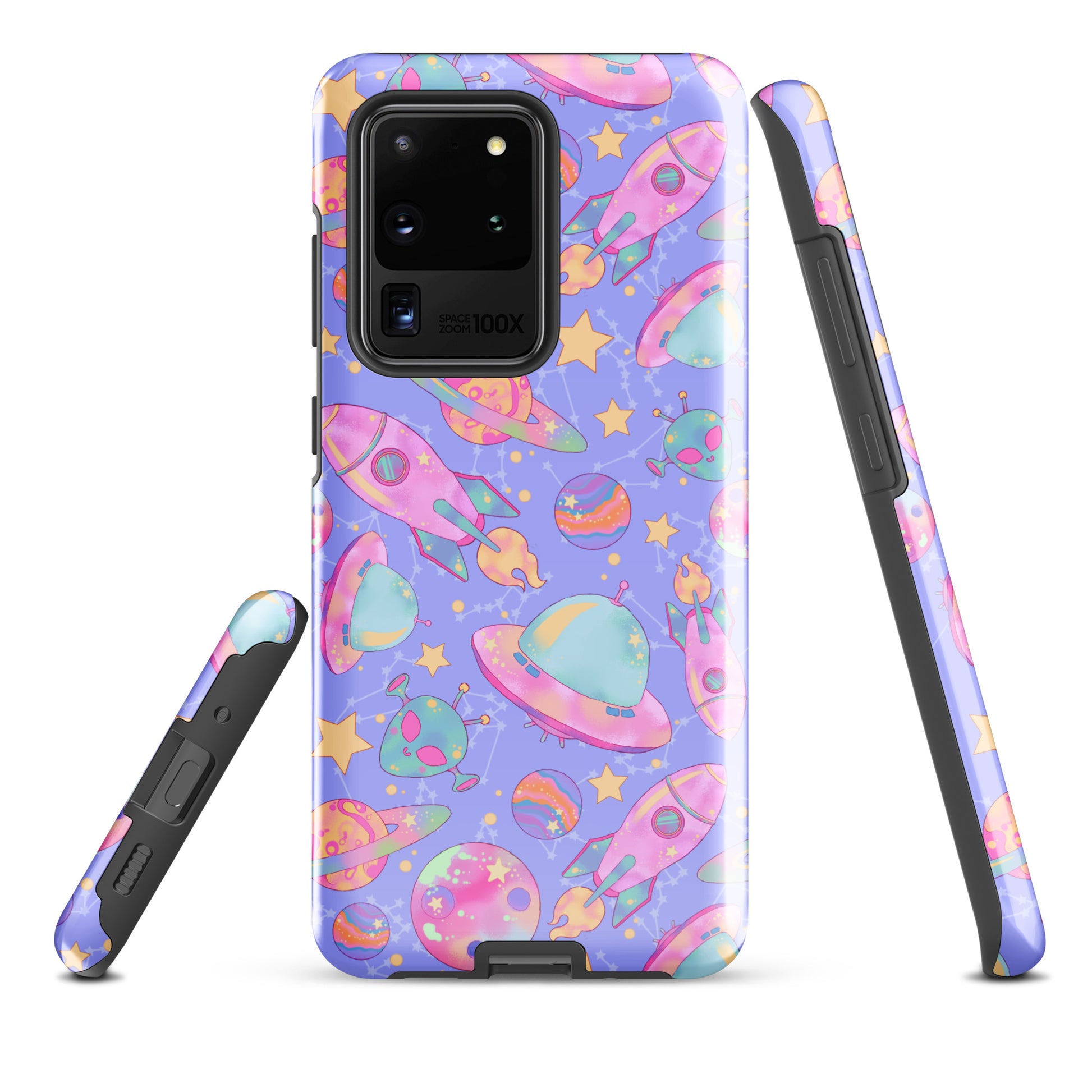 Colorful Space Samsung® Tough Case featuring vibrant planets and rockets, perfect for stylish device protection.