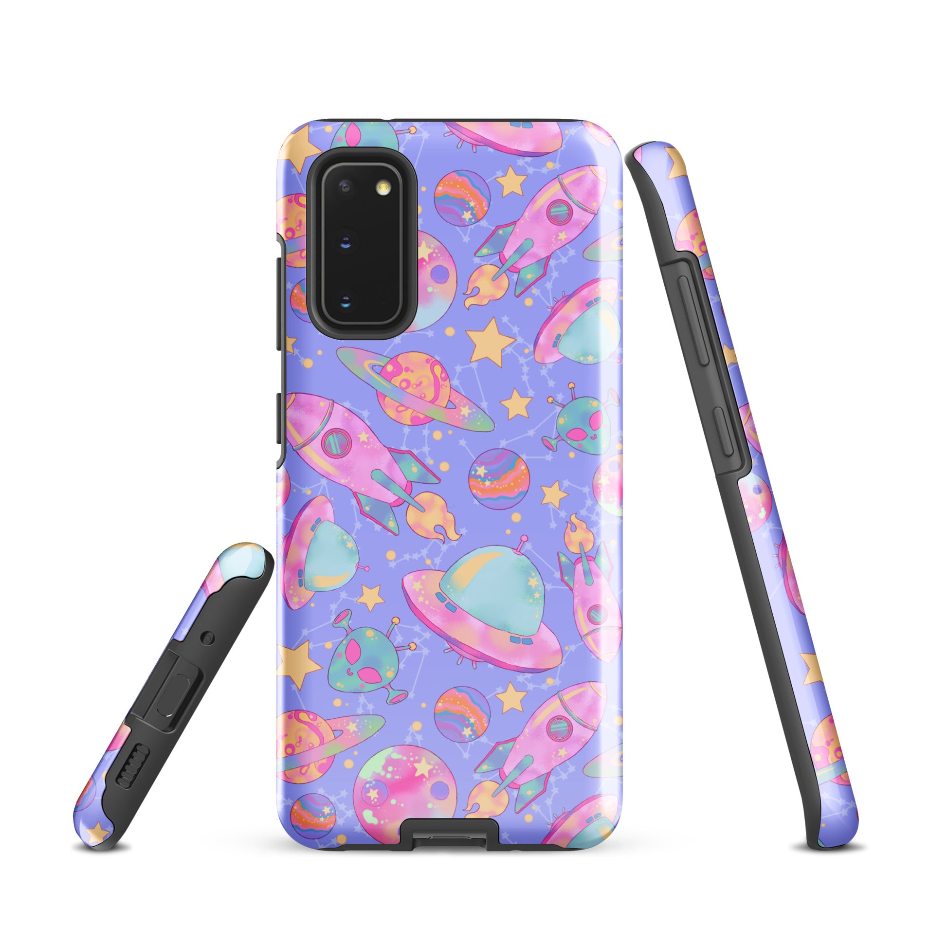 Colorful Space Samsung® Tough Case featuring vibrant planets and rockets, perfect for stylish device protection.