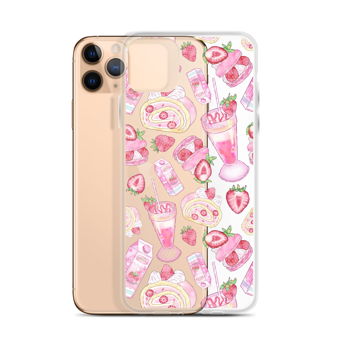 Stylish Strawberry iPhone® Clear Case featuring a fun dessert pattern in pink and transparent for ultimate protection.