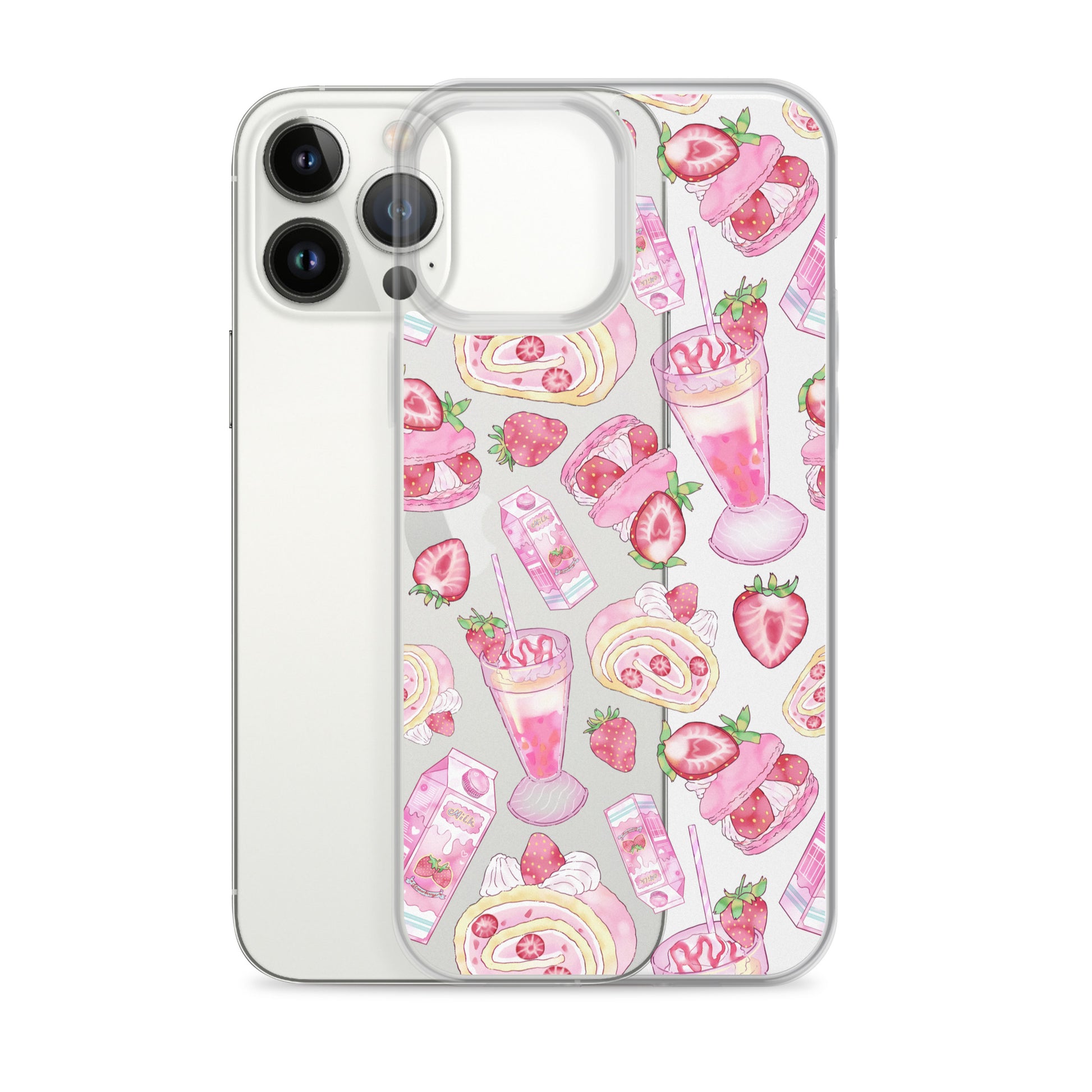 Stylish Strawberry iPhone® Clear Case featuring dessert patterns, perfect for protecting your phone while showcasing your taste.