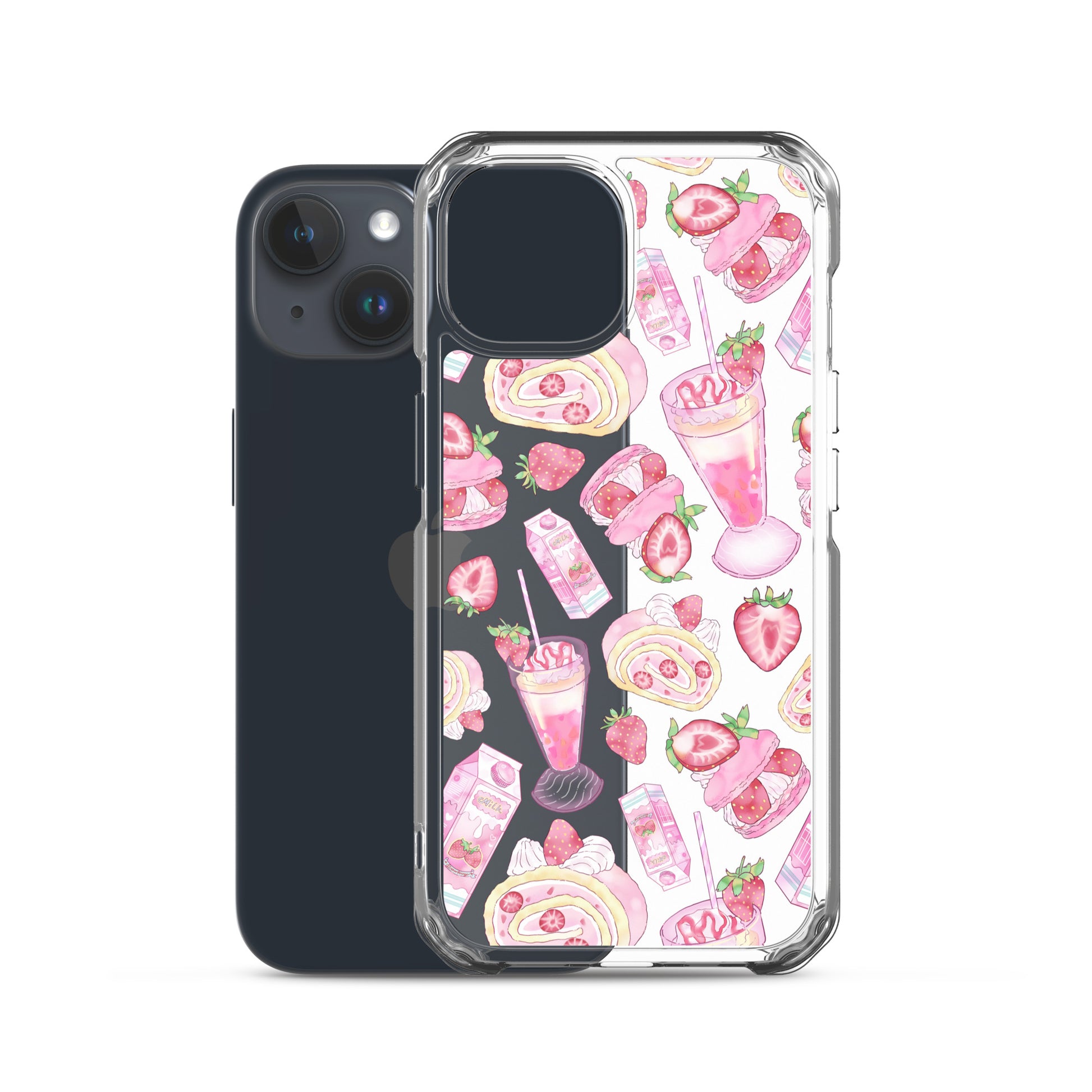 Stylish Strawberry iPhone® Clear Case featuring dessert patterns in pink and black, perfect for dessert lovers.