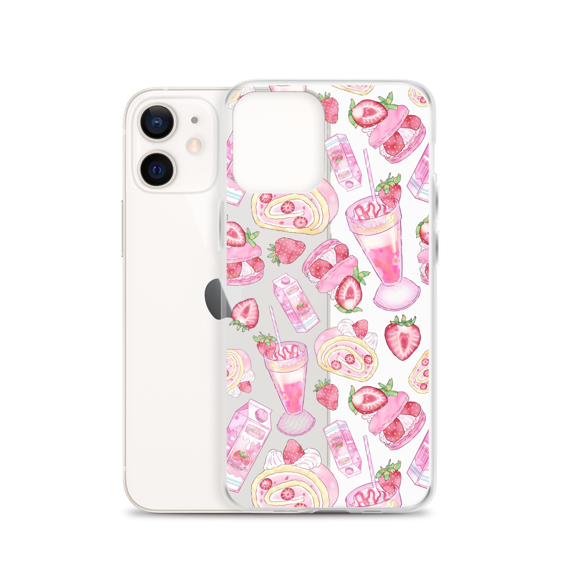 Stylish Strawberry iPhone® Clear Case featuring a cute dessert pattern, perfect for protecting your phone while looking chic.