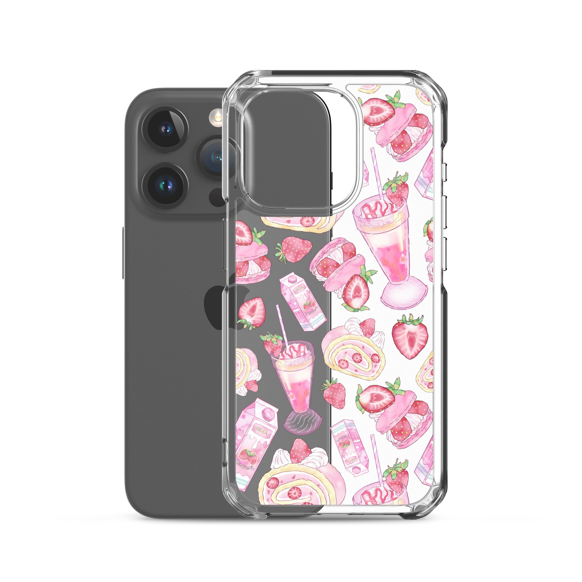 Stylish Strawberry iPhone® Clear Case featuring sweet dessert designs, perfect for protecting your phone while looking cute.