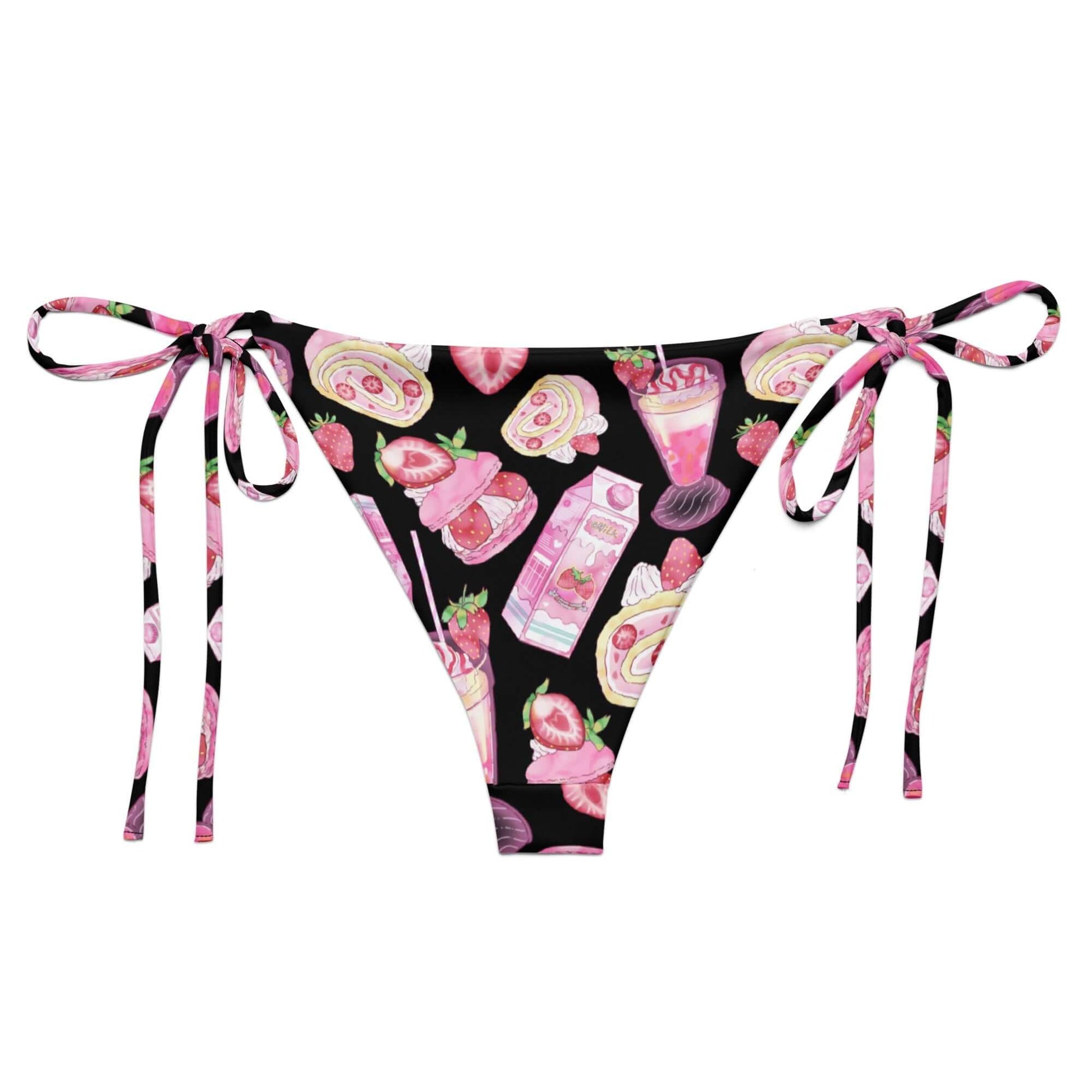 Stylish Strawberry String Bikini Bottom featuring vibrant prints, perfect for sunbathing poolside with UPF 50+ protection.
