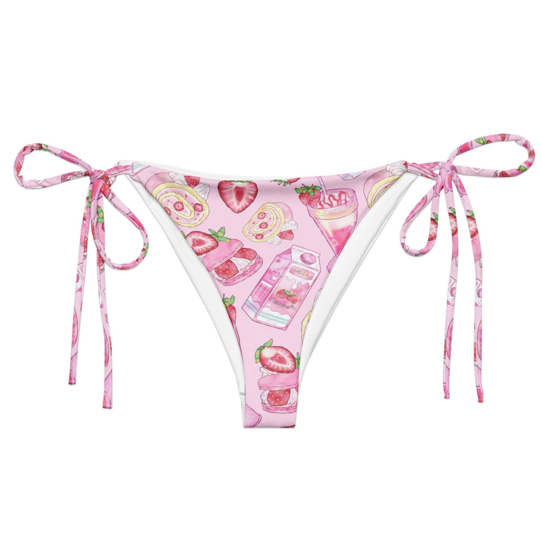 Shop the Strawberry String Bikini Bottom, perfect for sunbathing with soft, stretchy recycled fabric and adjustable straps.