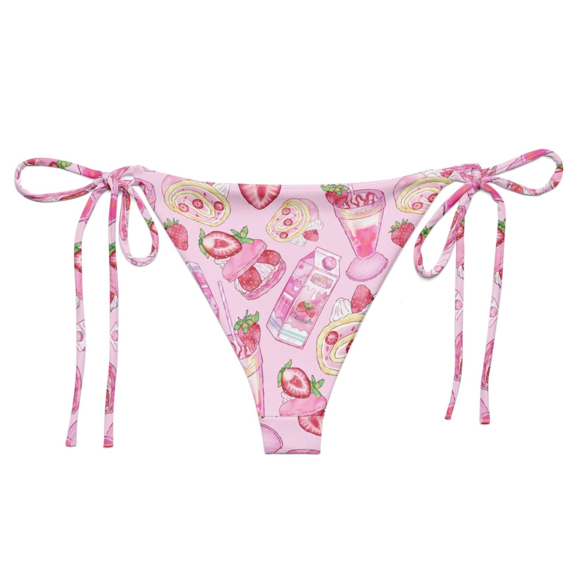 Stylish Strawberry String Bikini Bottom featuring playful fruit prints, perfect for sunny days by the pool.