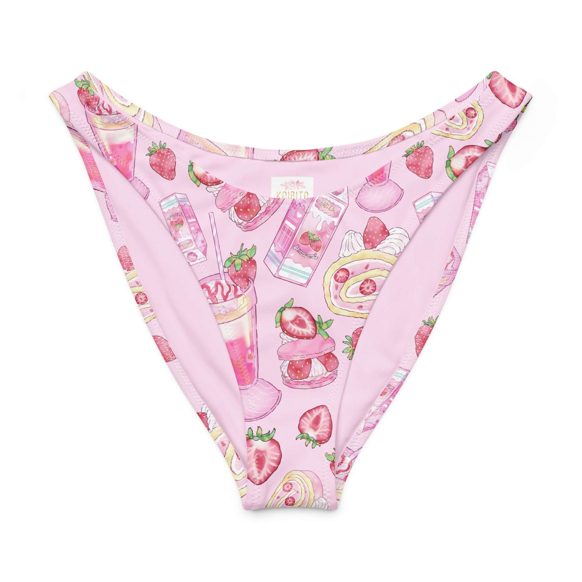V-cut strawberry-themed bikini bottom with playful pink pattern, perfect for sunny beach days.