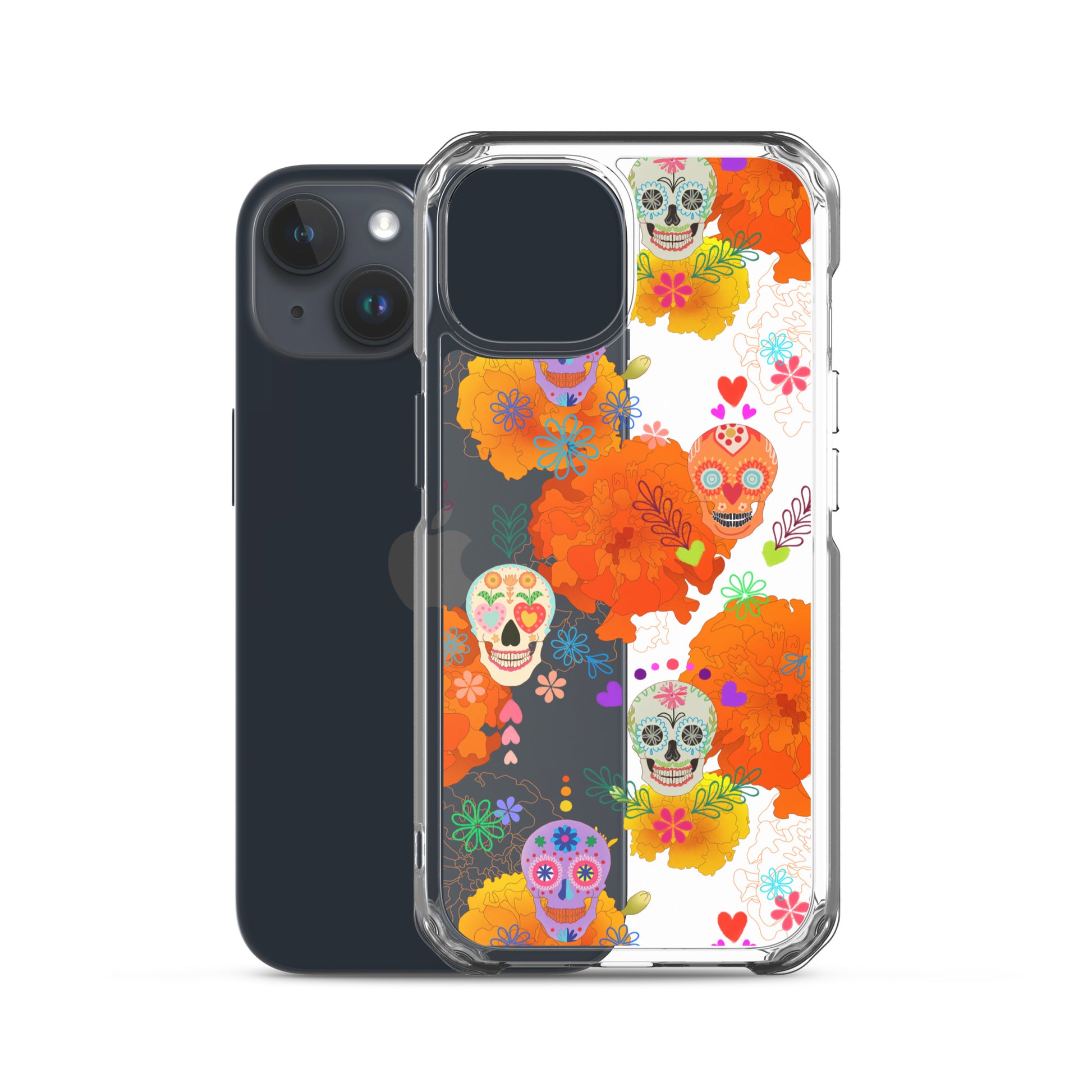 Colorful Sugar Skull iPhone® Clear Case showcasing vibrant designs, offering protection from dirt and scratches.